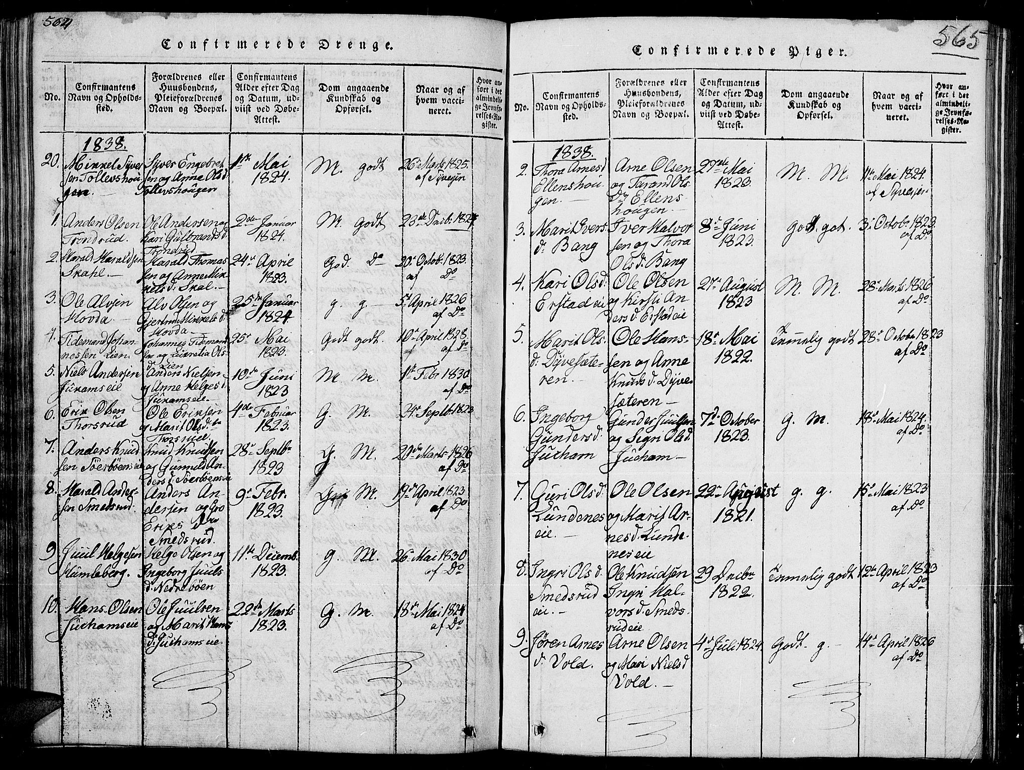 Sør-Aurdal prestekontor, SAH/PREST-128/H/Ha/Hab/L0002: Parish register (copy) no. 2, 1826-1840, p. 564-565