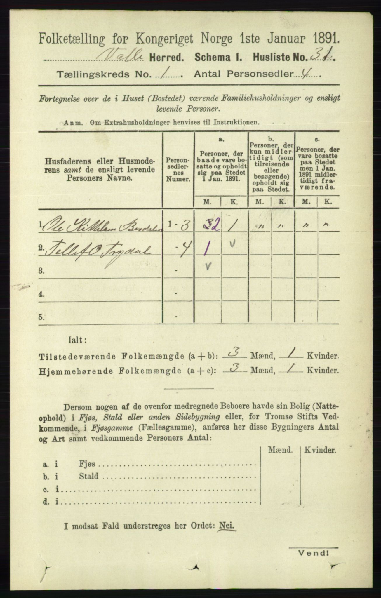 RA, 1891 census for 0940 Valle, 1891, p. 58