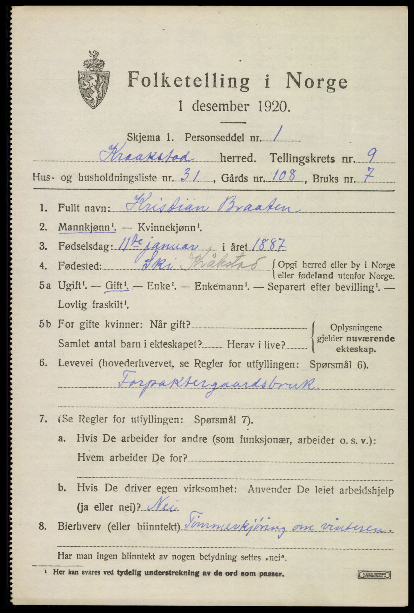 SAO, 1920 census for Kråkstad, 1920, p. 9969