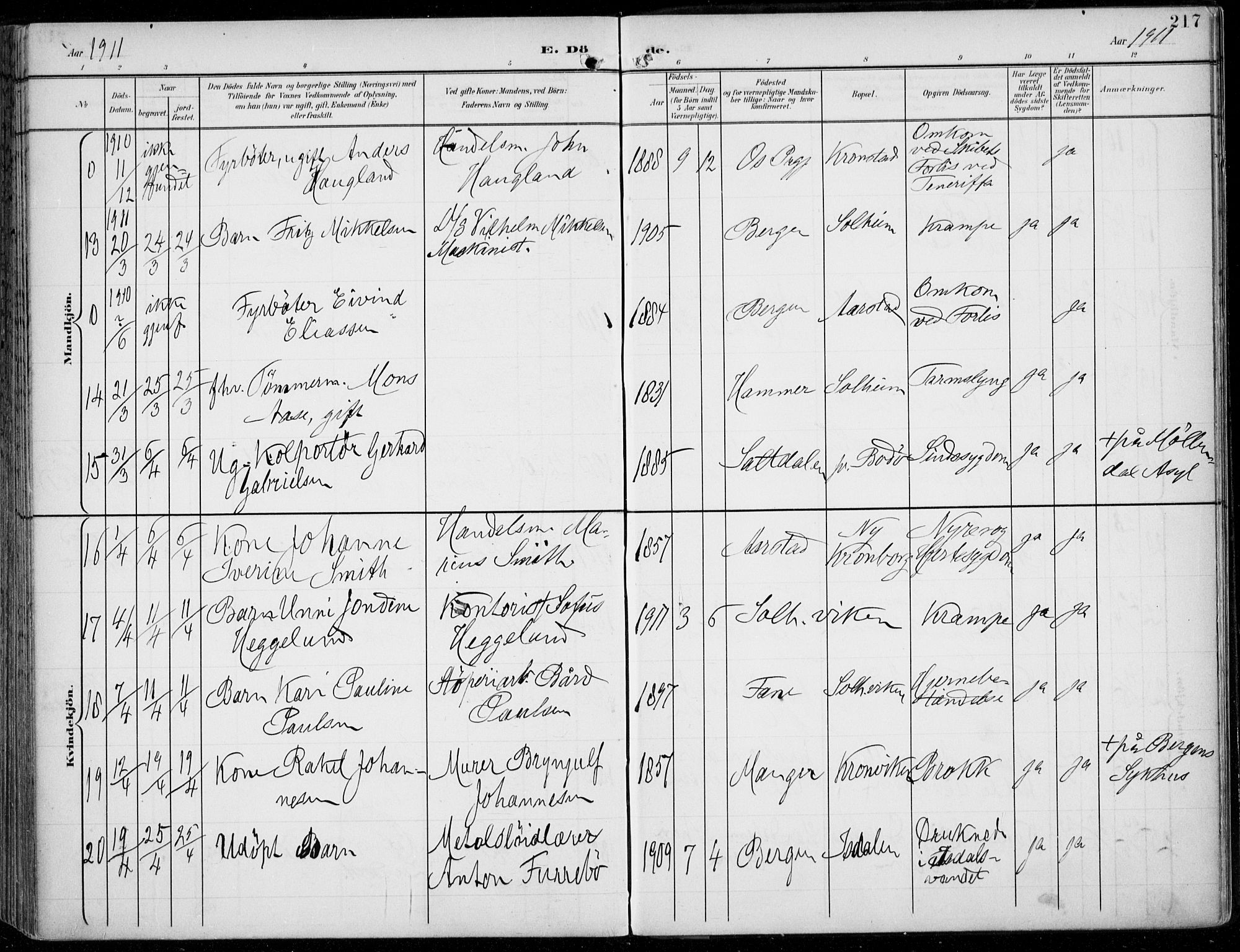 Årstad Sokneprestembete, AV/SAB-A-79301/H/Haa/L0009: Parish register (official) no. C 1, 1902-1918, p. 217