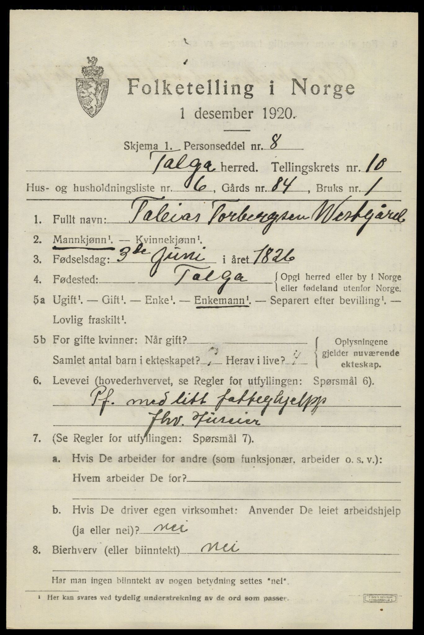 SAH, 1920 census for Tolga, 1920, p. 4965