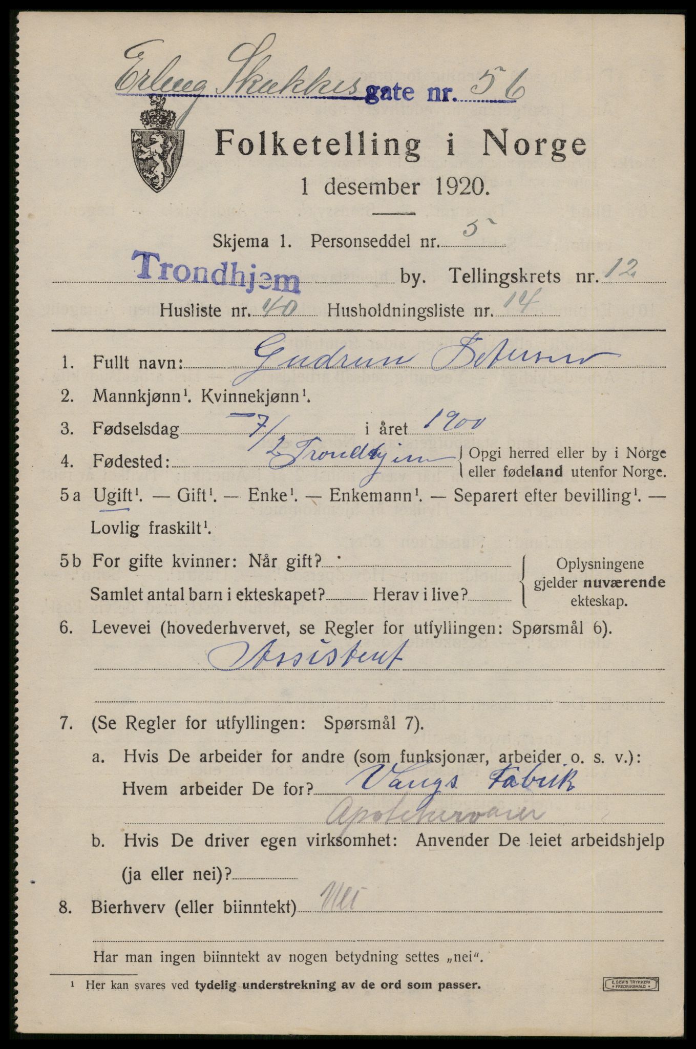 SAT, 1920 census for Trondheim, 1920, p. 49402