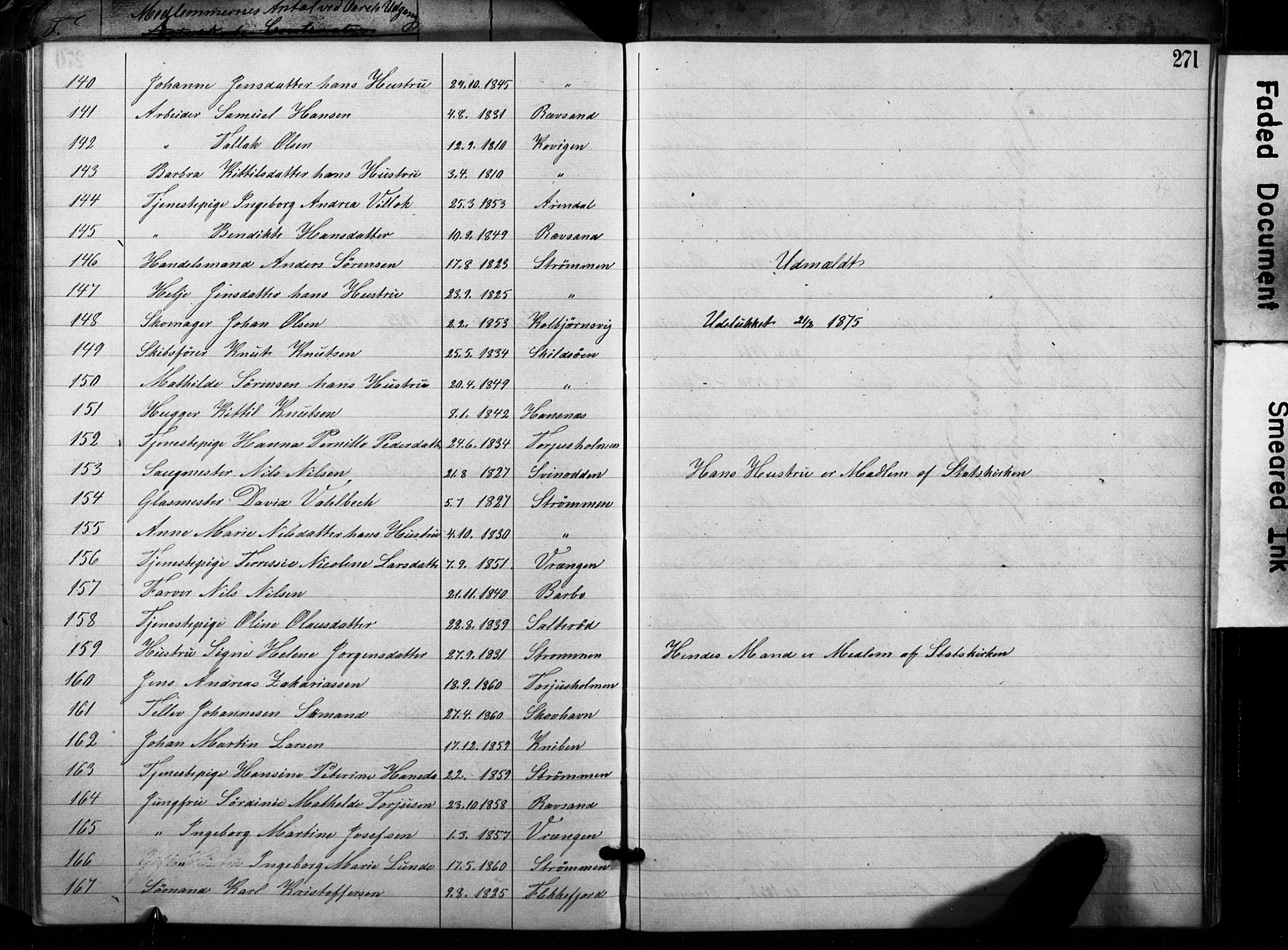 Metodistmenigheten, Arendal, AV/SAK-1292-0011/F/Fa/L0001: Dissenter register no. F-2, 1867-1879, p. 271