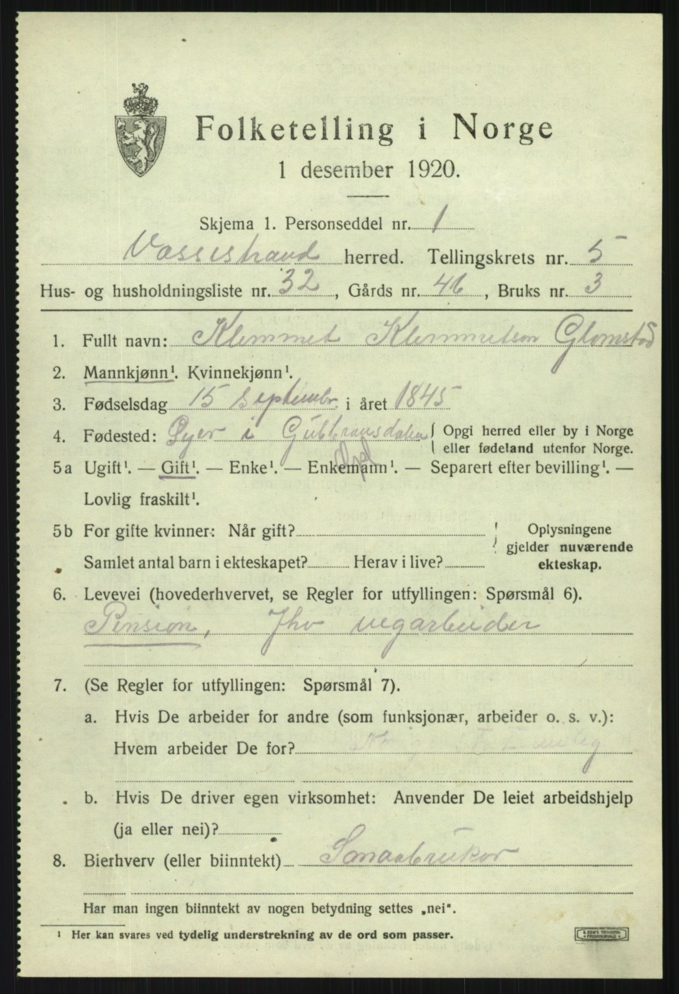 SAB, 1920 census for Vossestrand, 1920, p. 2762