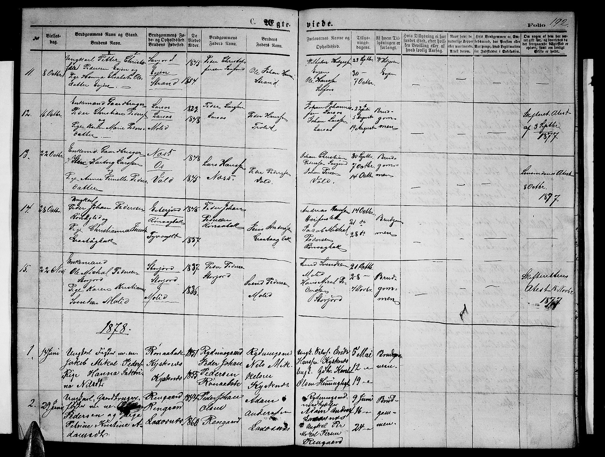 Ministerialprotokoller, klokkerbøker og fødselsregistre - Nordland, AV/SAT-A-1459/846/L0653: Parish register (copy) no. 846C03, 1872-1887, p. 192