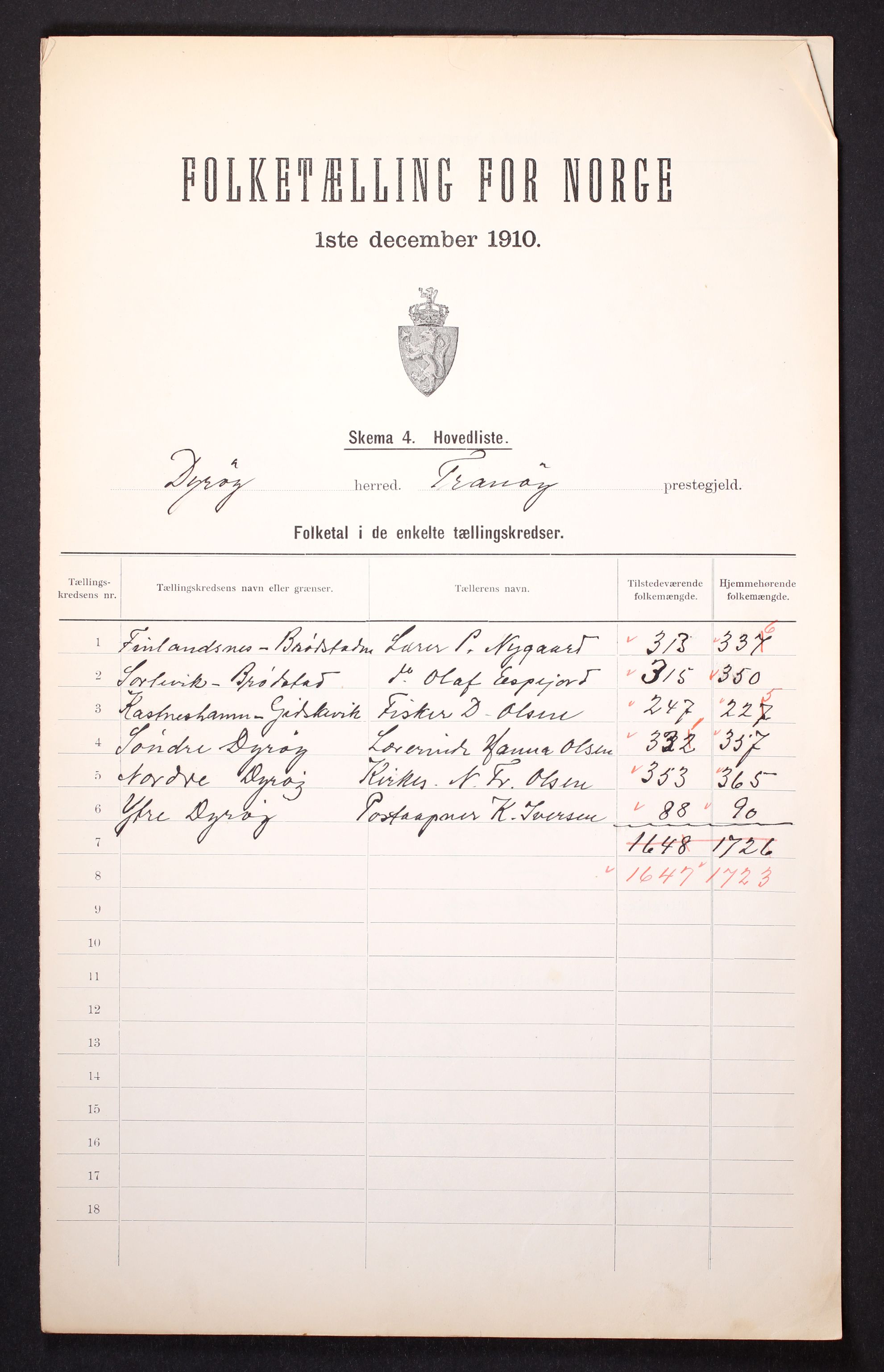 RA, 1910 census for Dyrøy, 1910, p. 2