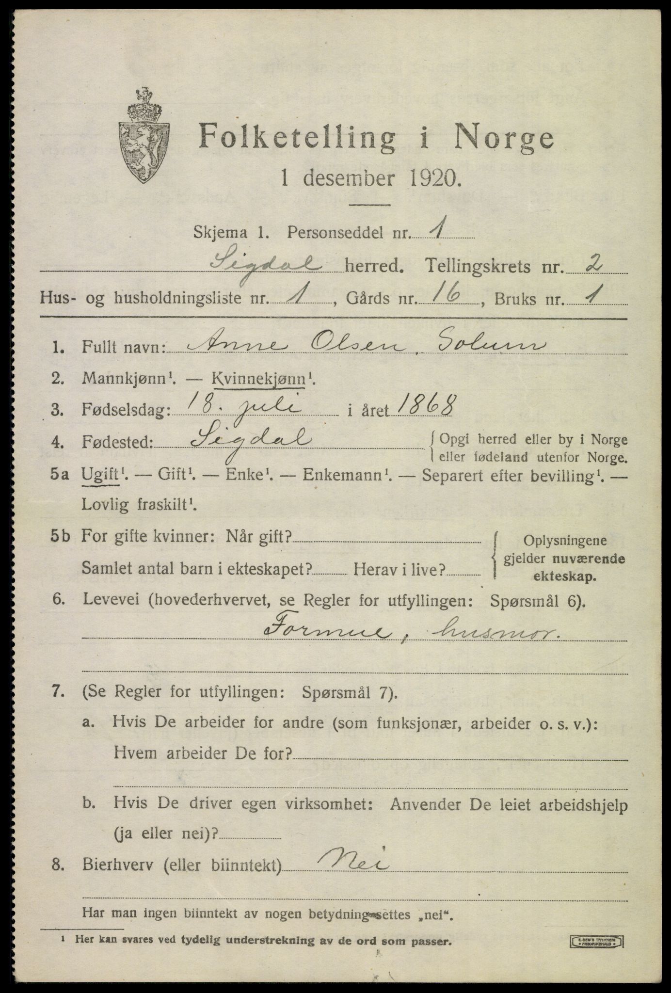 SAKO, 1920 census for Sigdal, 1920, p. 2022