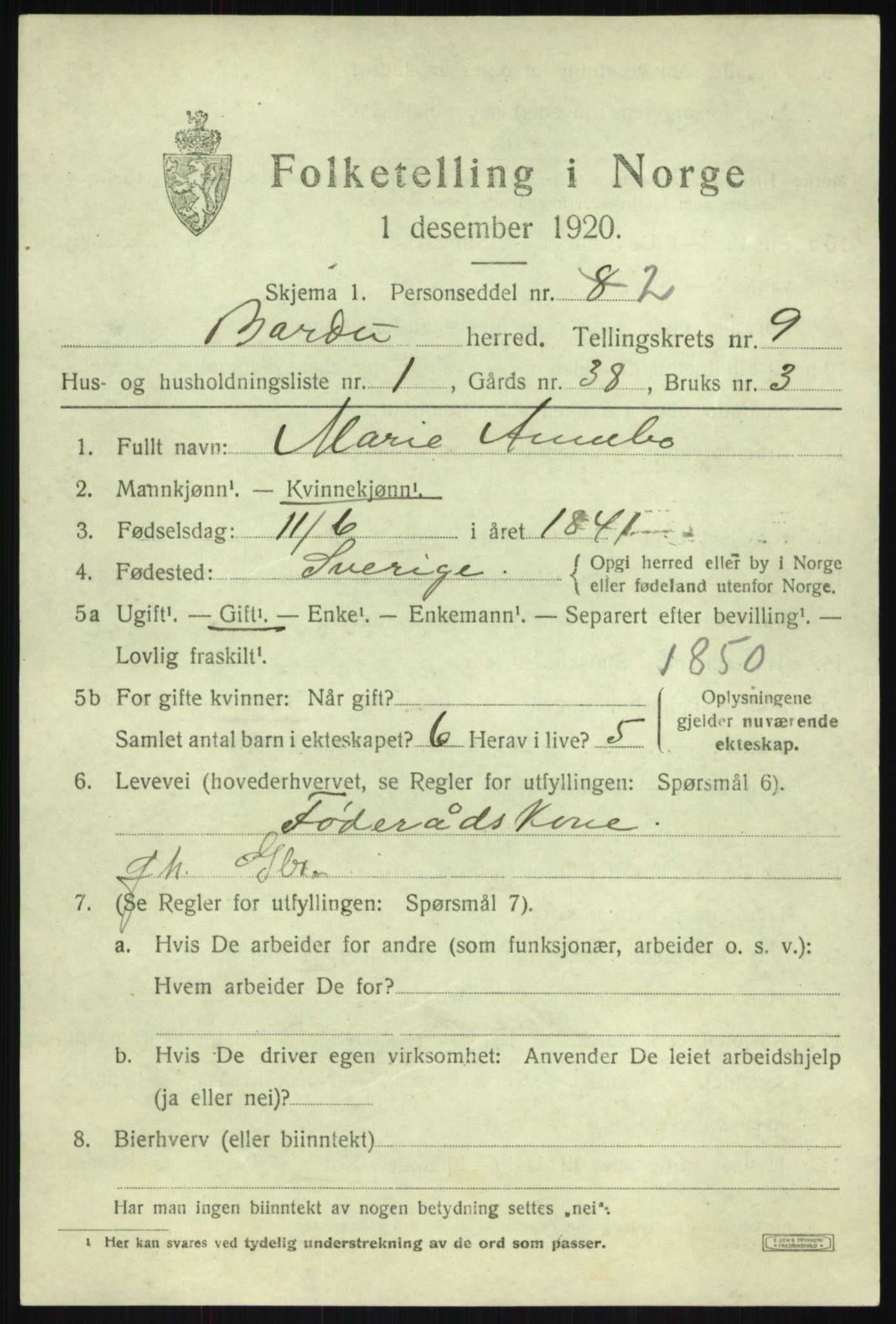 SATØ, 1920 census for Bardu, 1920, p. 3169
