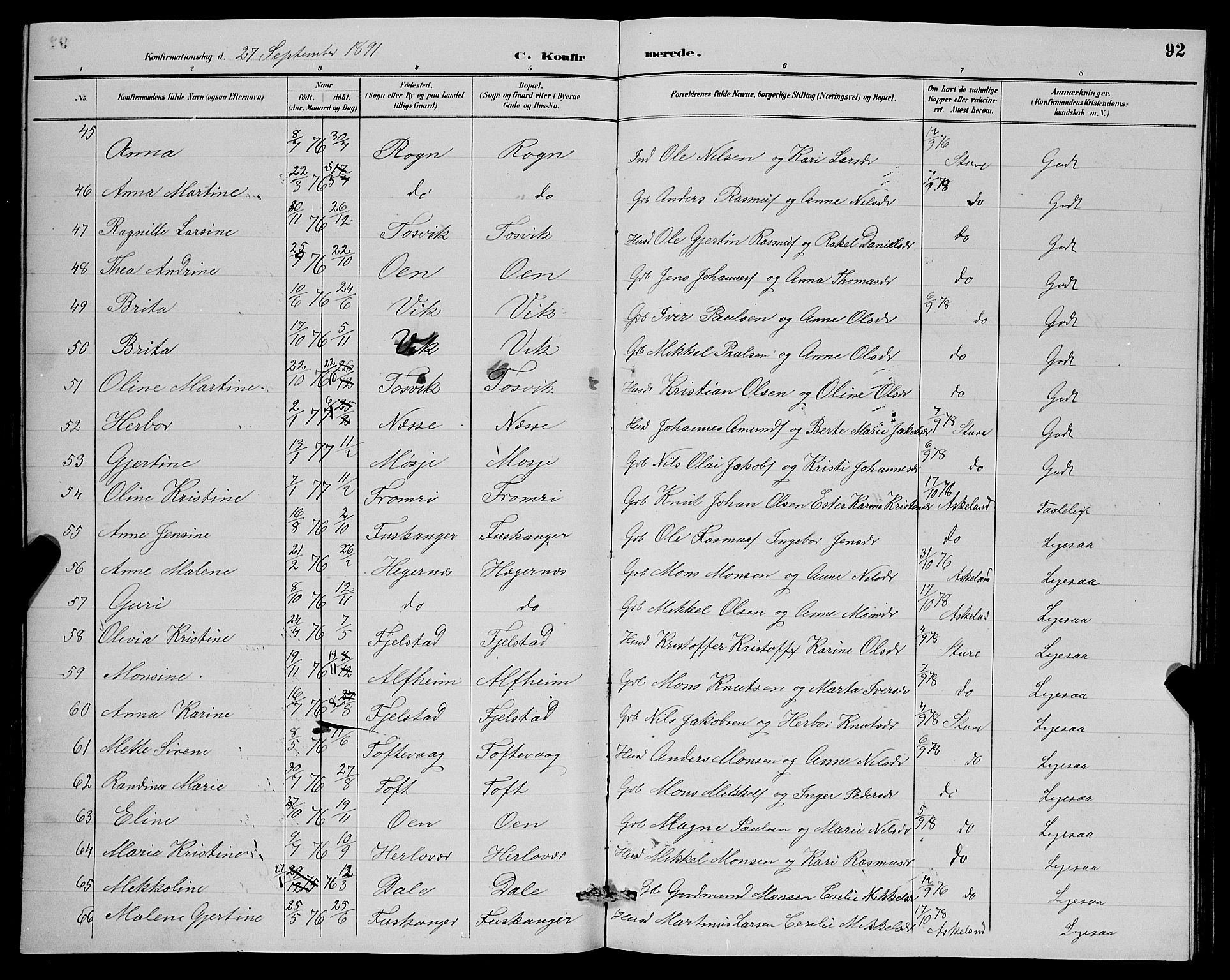 Herdla Sokneprestembete, SAB/A-75701/H/Hab: Parish register (copy) no. A 3, 1889-1899, p. 92