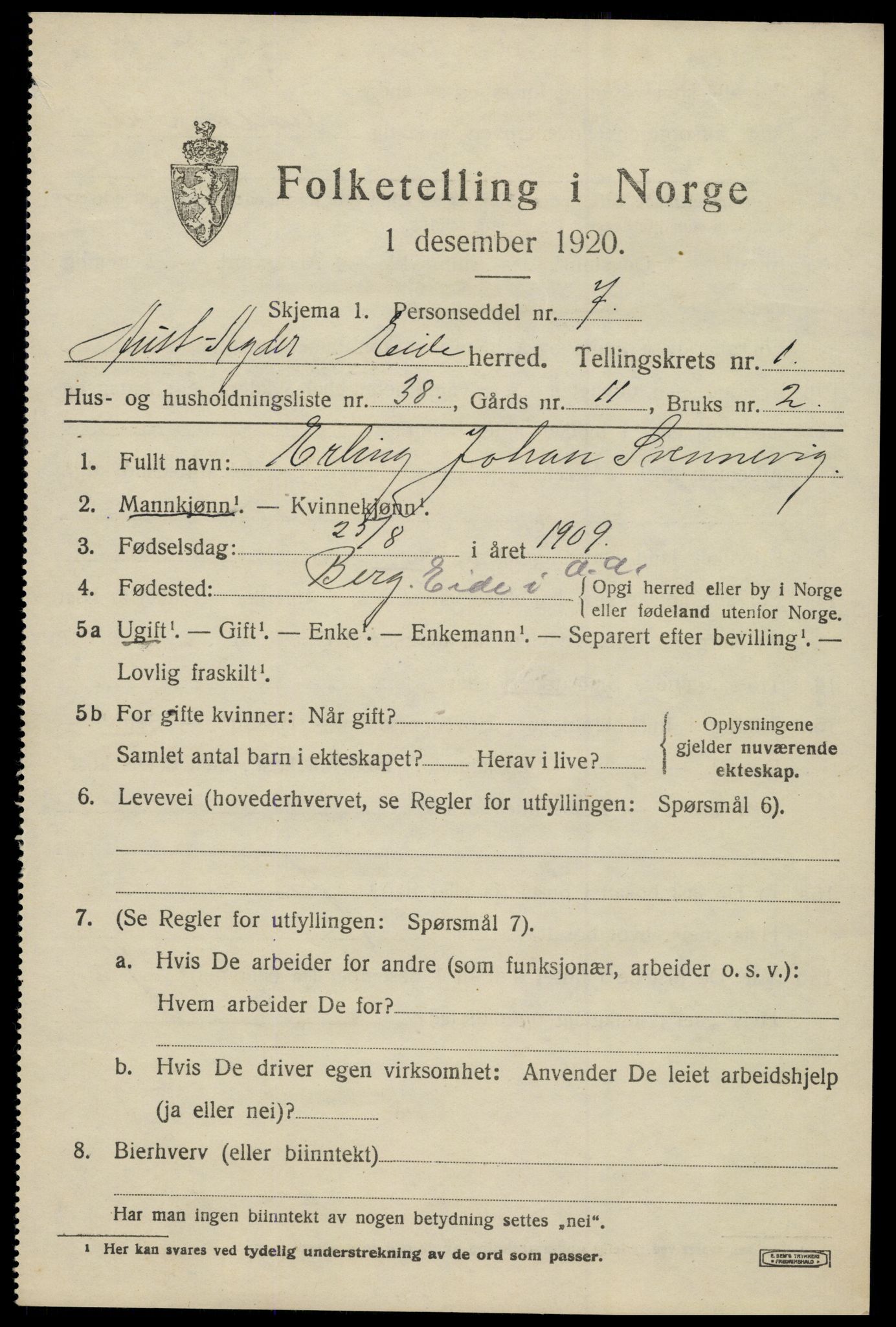 SAK, 1920 census for Eide, 1920, p. 658