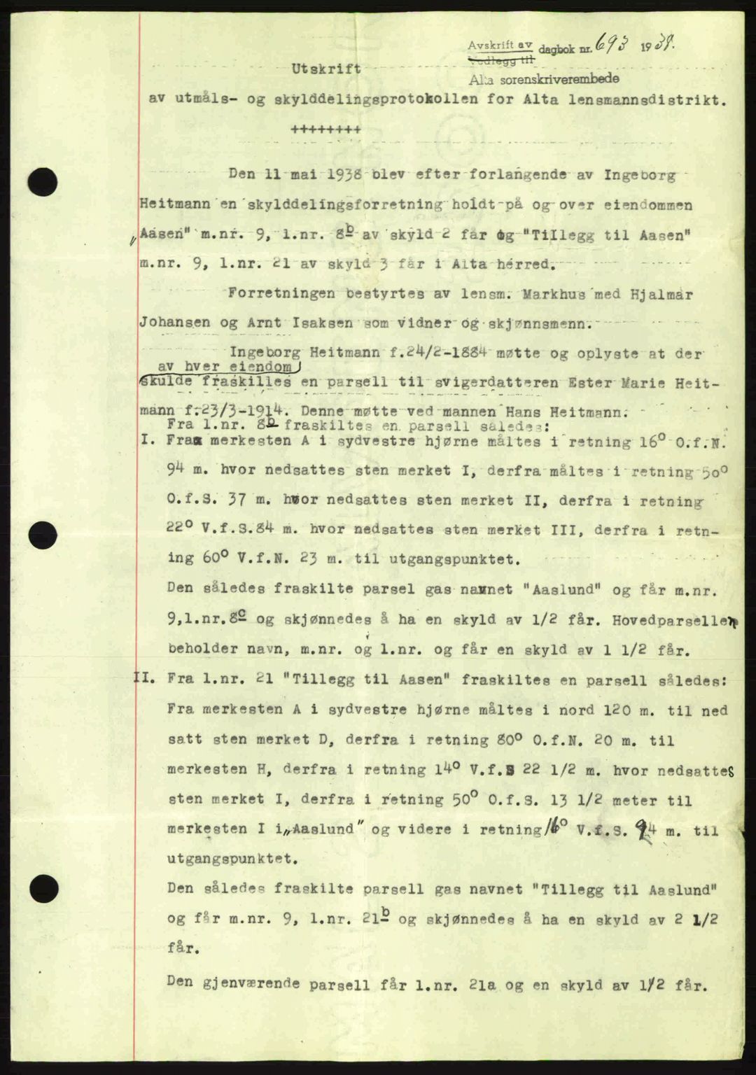 Alta fogderi/sorenskriveri, SATØ/SATØ-5/1/K/Kd/L0031pantebok: Mortgage book no. 31, 1938-1939, Diary no: : 693/1938