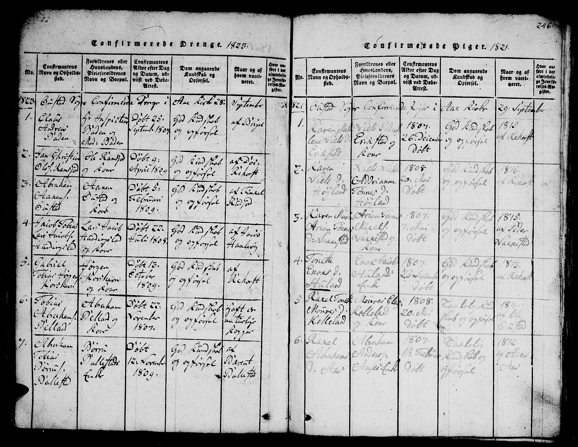 Lyngdal sokneprestkontor, SAK/1111-0029/F/Fb/Fba/L0001: Parish register (copy) no. B 1, 1816-1876, p. 246