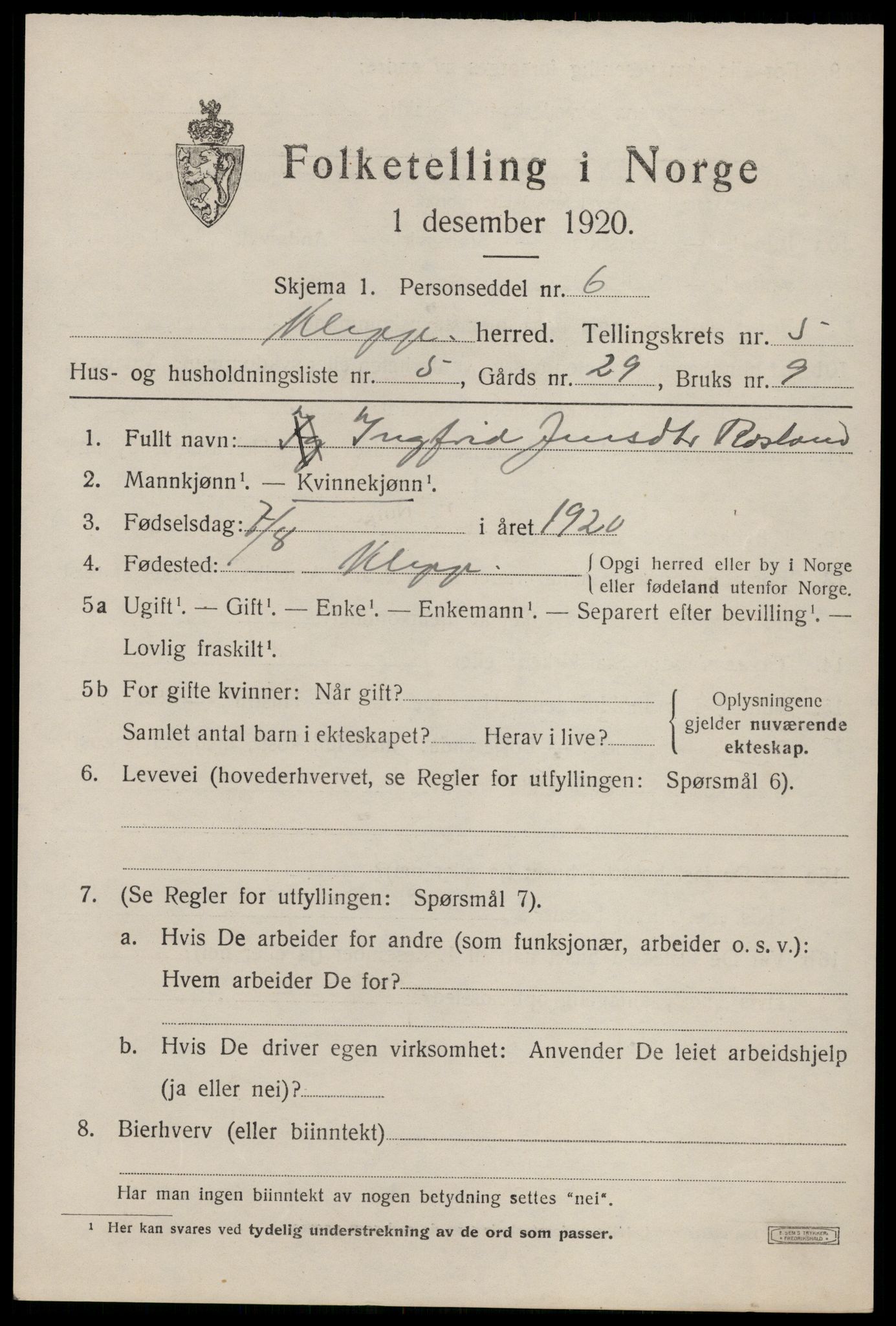 SAST, 1920 census for Klepp, 1920, p. 5394