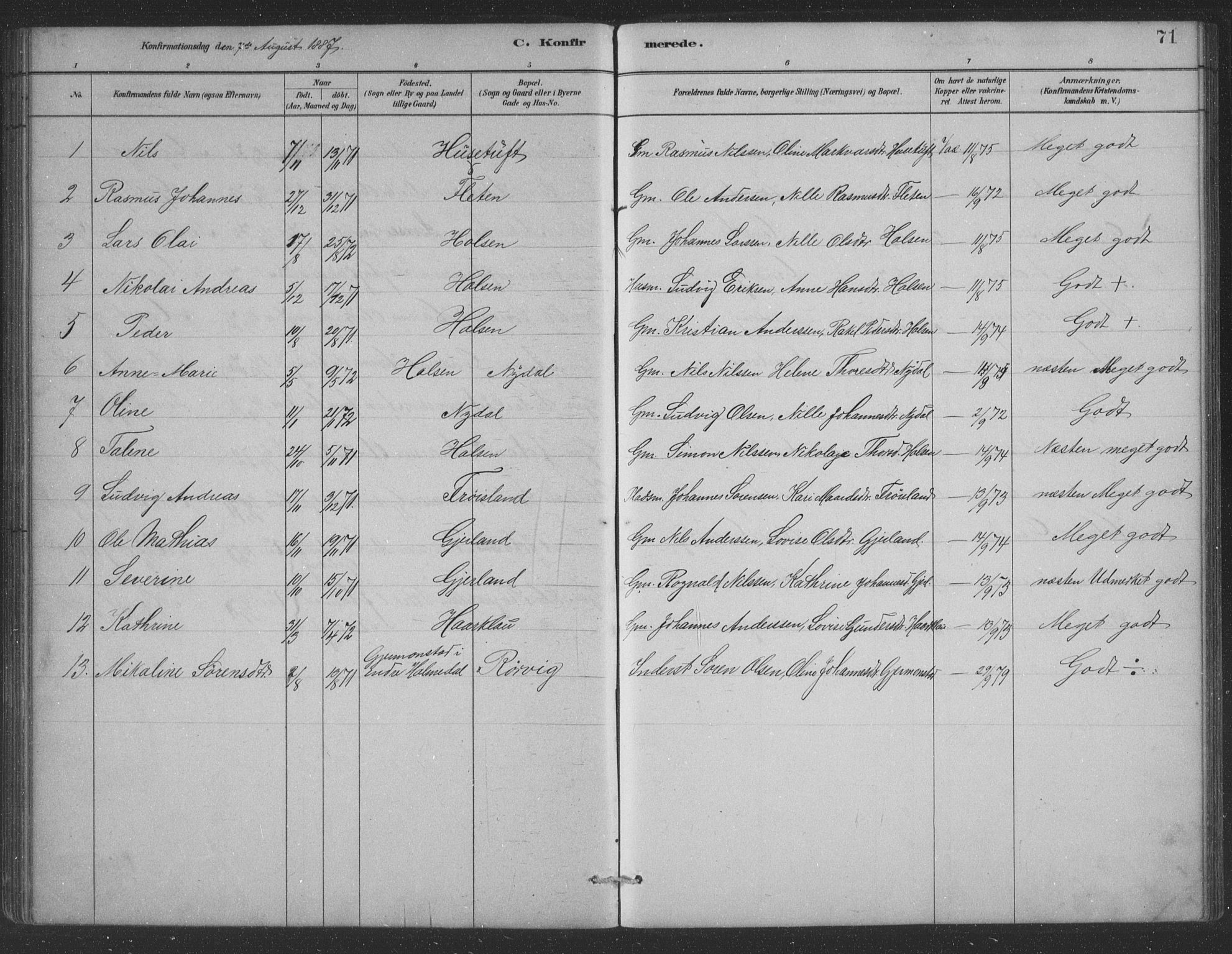 Førde sokneprestembete, AV/SAB-A-79901/H/Hab/Habc/L0002: Parish register (copy) no. C 2, 1881-1911, p. 71