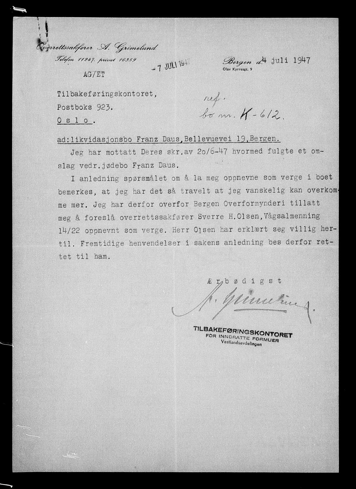 Justisdepartementet, Tilbakeføringskontoret for inndratte formuer, AV/RA-S-1564/H/Hc/Hcd/L0993: --, 1945-1947, p. 221