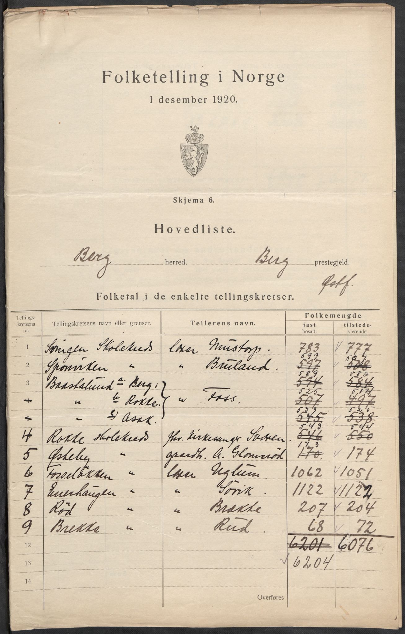 SAO, 1920 census for Berg, 1920, p. 2