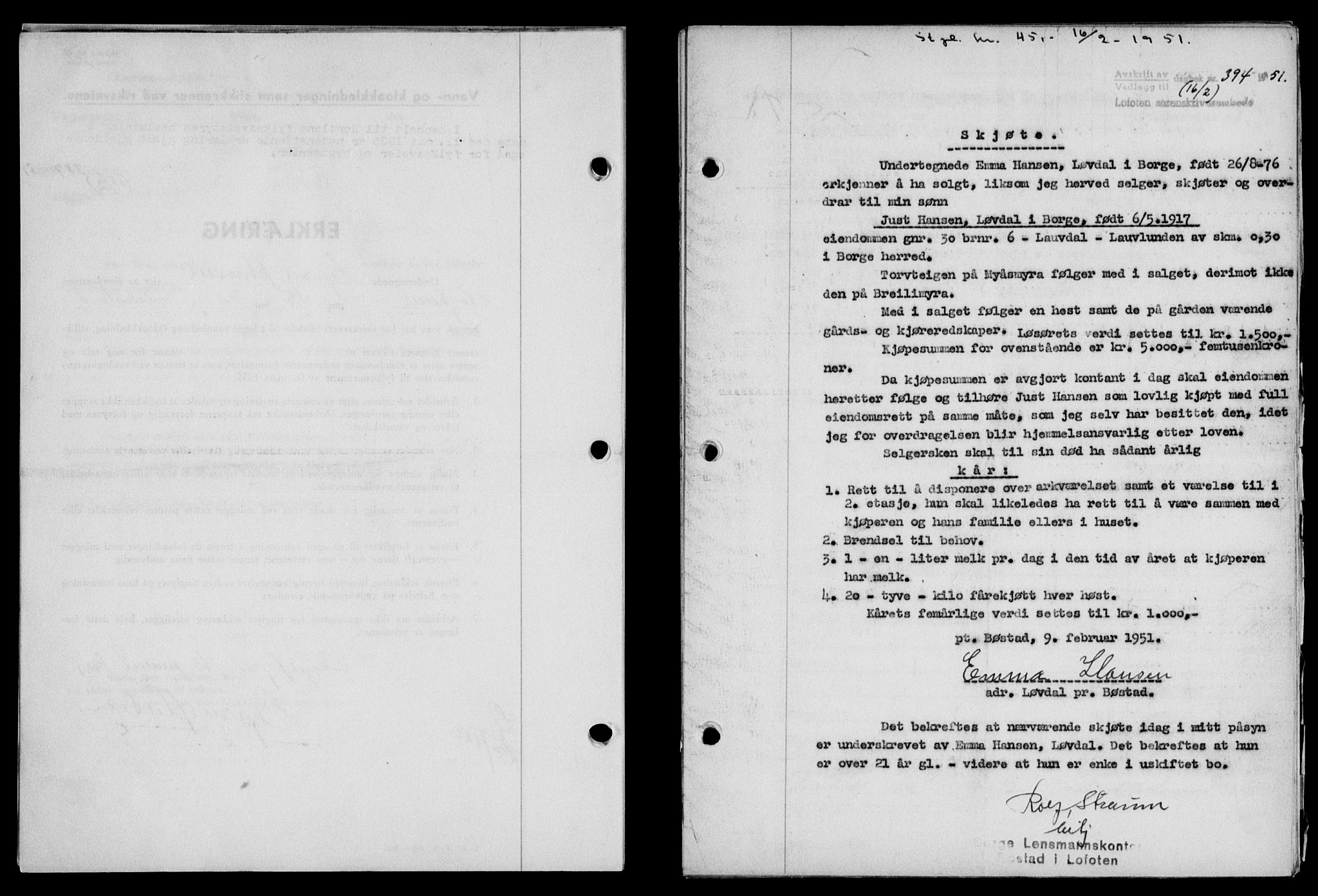 Lofoten sorenskriveri, SAT/A-0017/1/2/2C/L0025a: Mortgage book no. 25a, 1950-1951, Diary no: : 394/1951