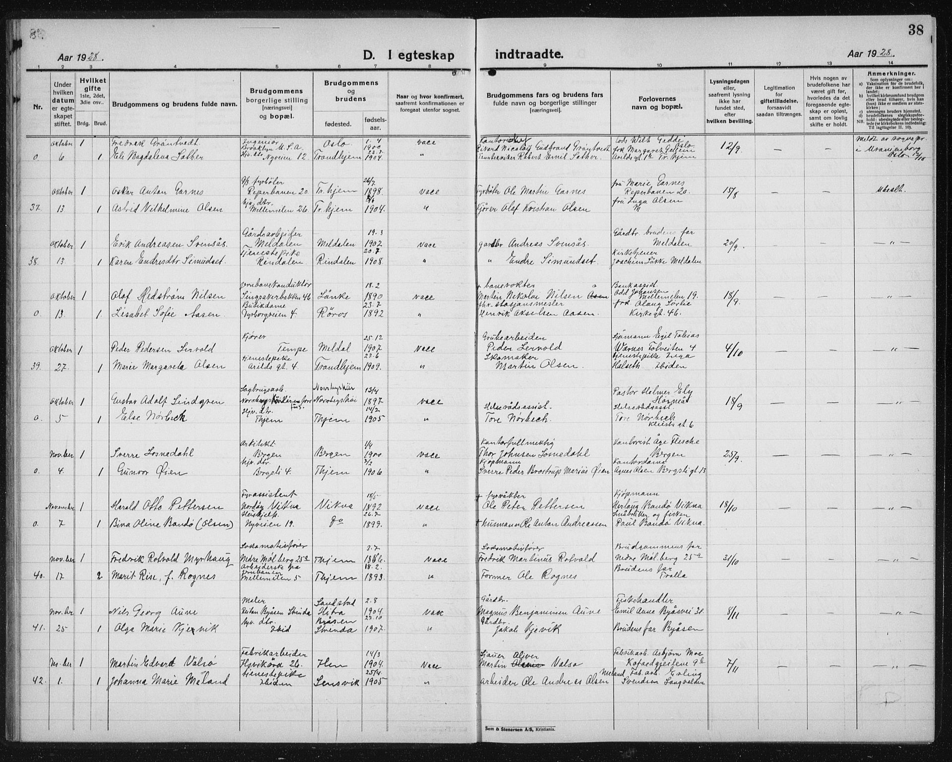 Ministerialprotokoller, klokkerbøker og fødselsregistre - Sør-Trøndelag, SAT/A-1456/603/L0176: Parish register (copy) no. 603C04, 1923-1941, p. 38