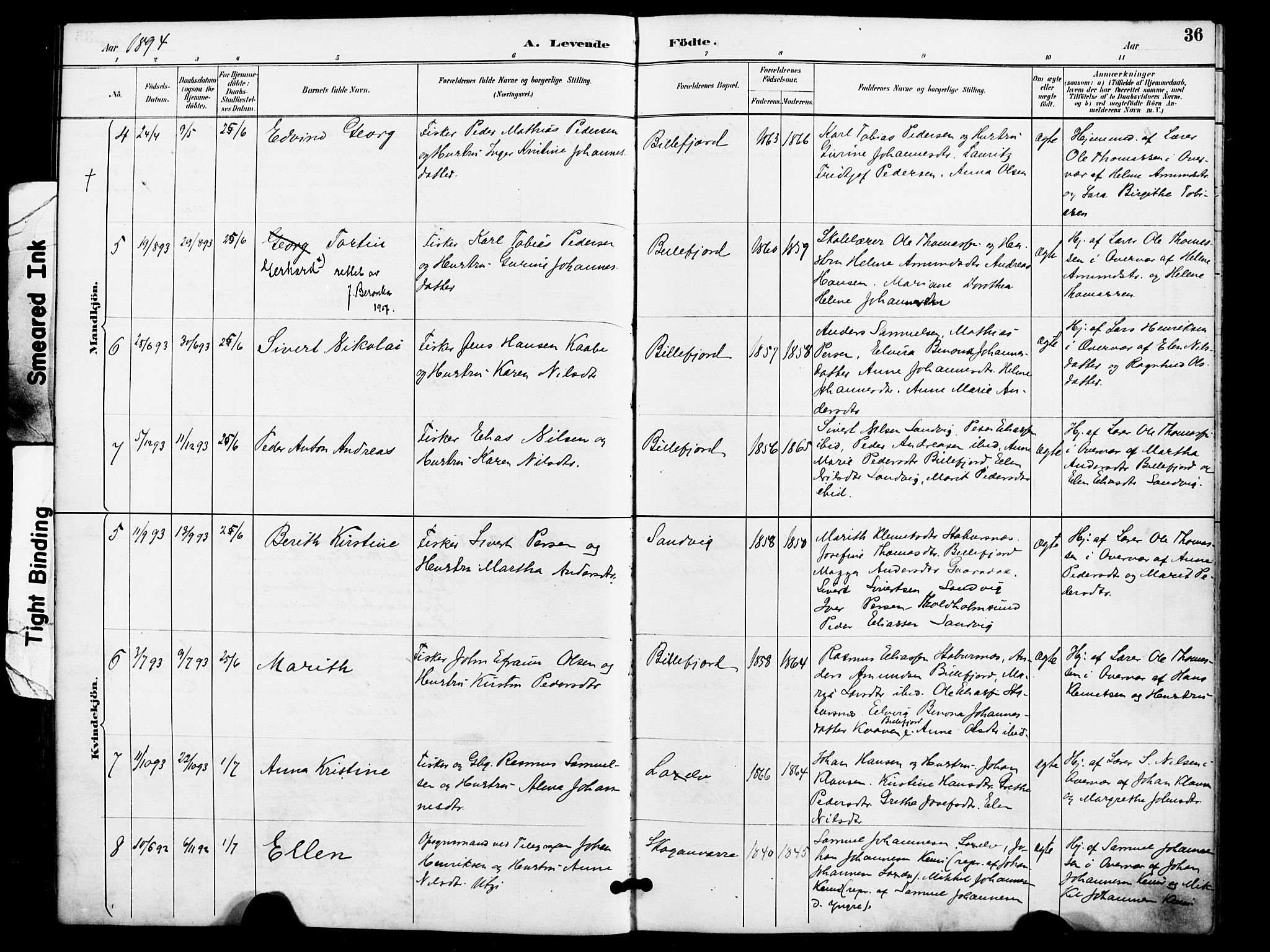 Kistrand/Porsanger sokneprestembete, AV/SATØ-S-1351/H/Ha/L0008.kirke: Parish register (official) no. 8, 1890-1898, p. 36