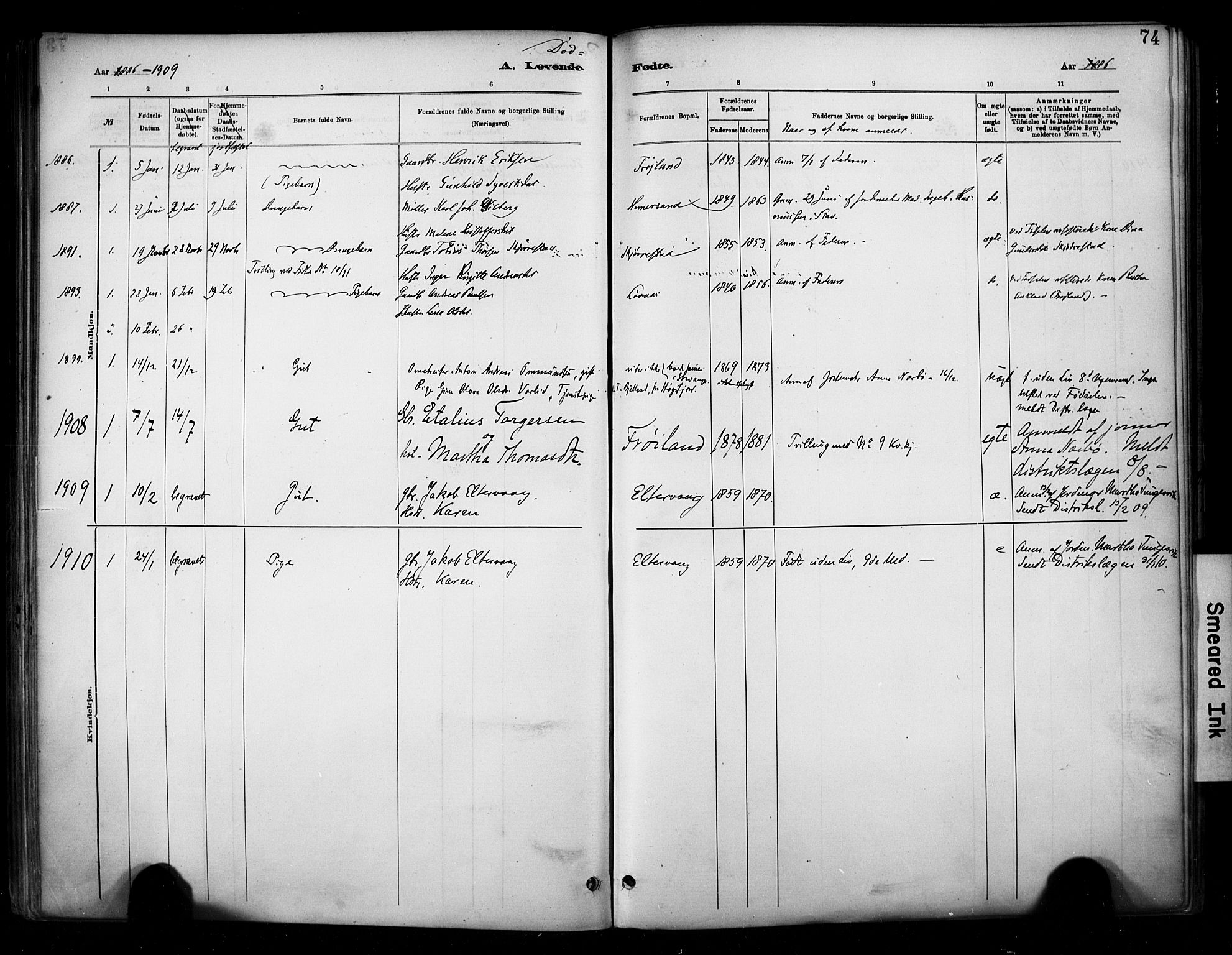 Hetland sokneprestkontor, SAST/A-101826/30/30BA/L0010: Parish register (official) no. A 10, 1882-1925, p. 74