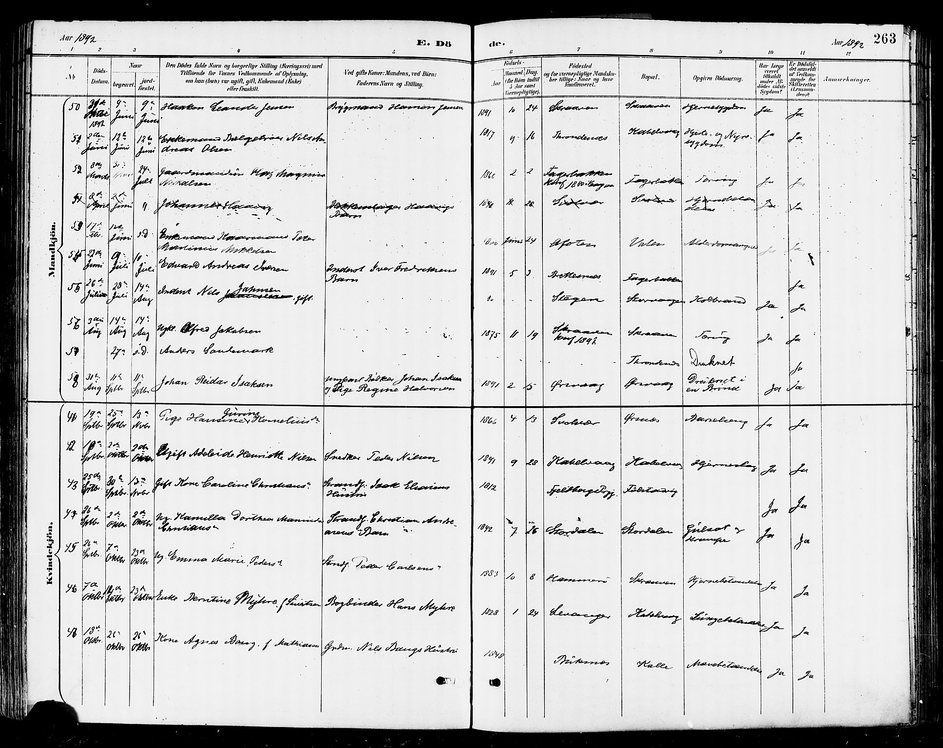 Ministerialprotokoller, klokkerbøker og fødselsregistre - Nordland, AV/SAT-A-1459/874/L1060: Parish register (official) no. 874A04, 1890-1899, p. 263