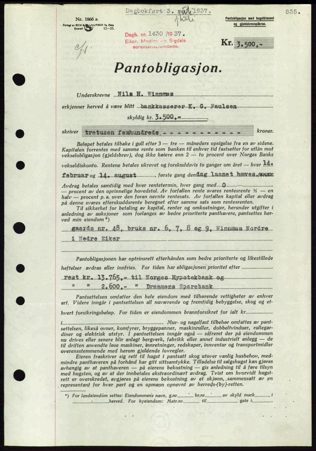 Eiker, Modum og Sigdal sorenskriveri, SAKO/A-123/G/Ga/Gab/L0035: Mortgage book no. A5, 1937-1937, Diary no: : 1430/1937
