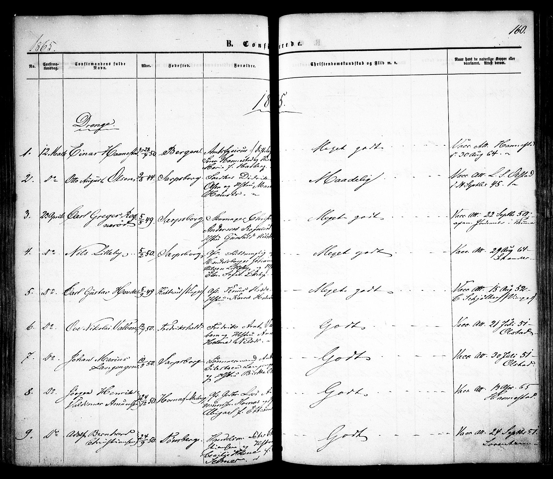 Sarpsborg prestekontor Kirkebøker, AV/SAO-A-2006/F/Fa/L0001: Parish register (official) no. 1, 1859-1868, p. 160