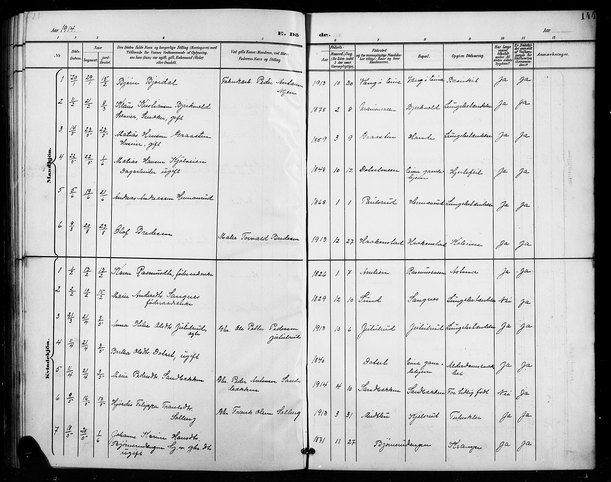 Vestre Toten prestekontor, SAH/PREST-108/H/Ha/Hab/L0016: Parish register (copy) no. 16, 1901-1915, p. 144