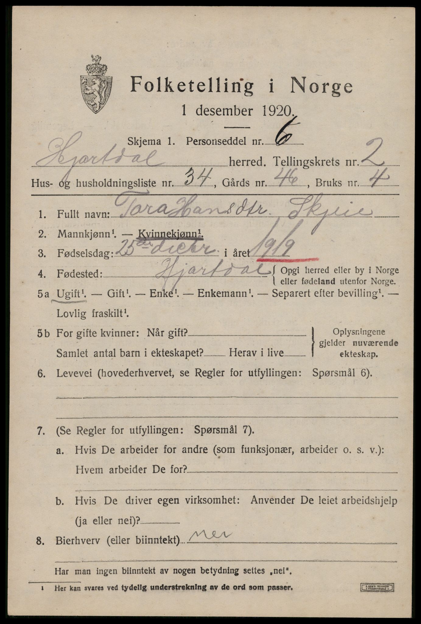 SAKO, 1920 census for Hjartdal, 1920, p. 2188