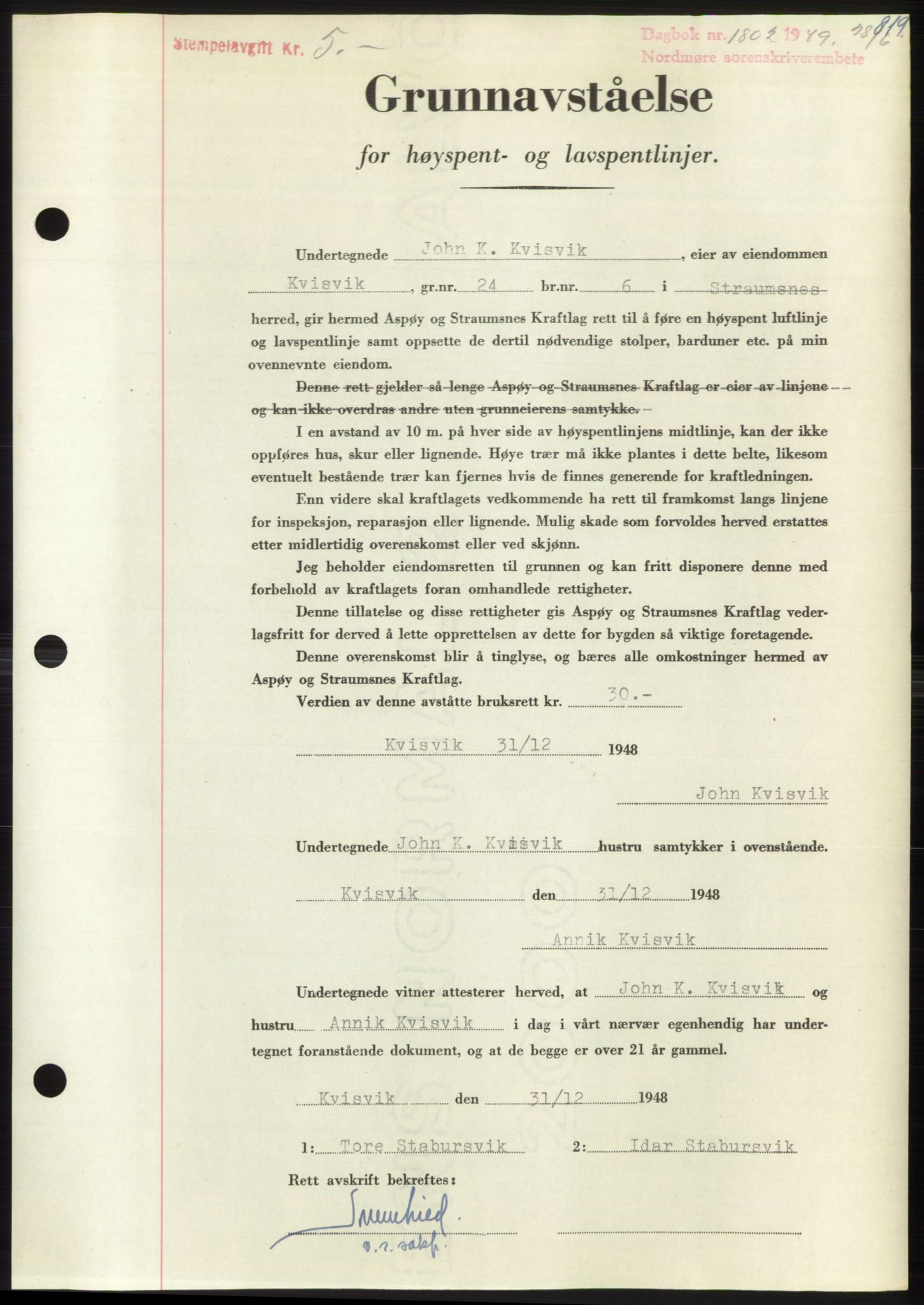 Nordmøre sorenskriveri, AV/SAT-A-4132/1/2/2Ca: Mortgage book no. B101, 1949-1949, Diary no: : 1802/1949