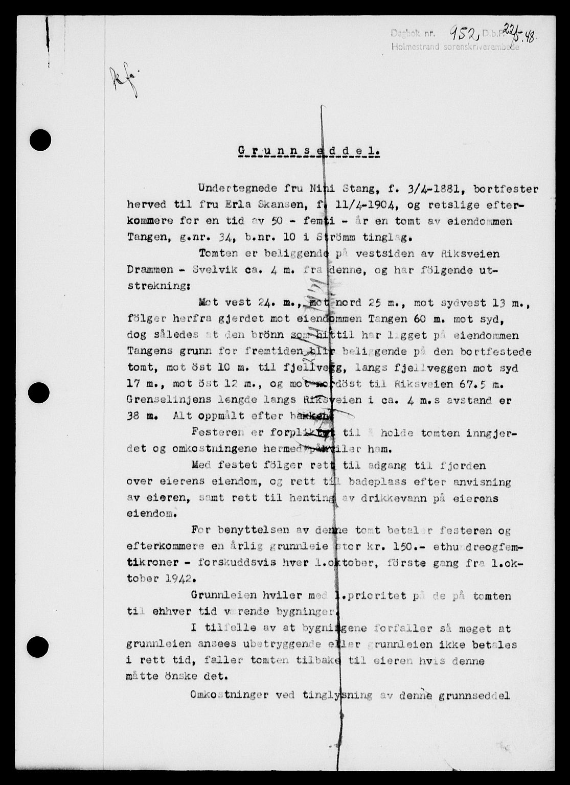 Holmestrand sorenskriveri, AV/SAKO-A-67/G/Ga/Gaa/L0064: Mortgage book no. A-64, 1948-1948, Diary no: : 952/1948