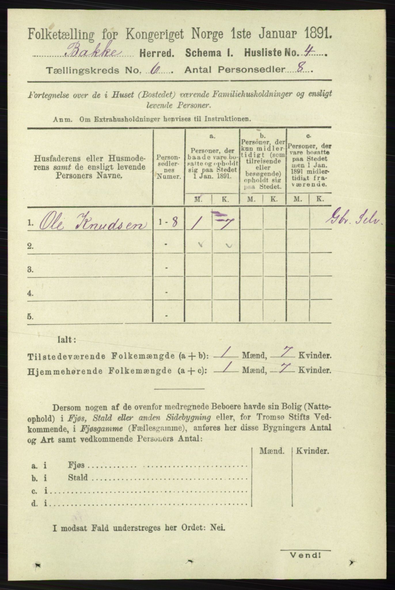 RA, 1891 census for 1045 Bakke, 1891, p. 1152