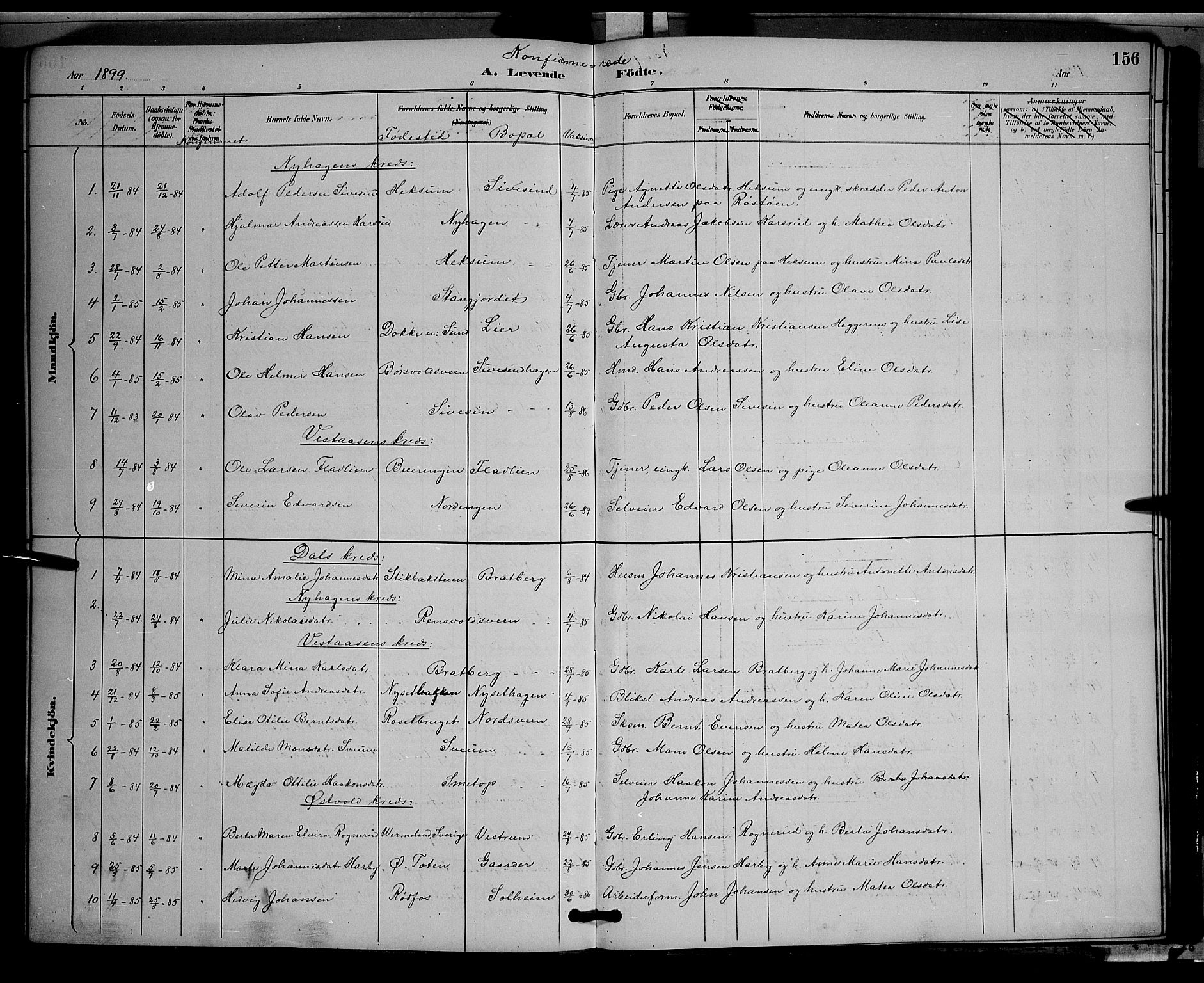 Vestre Toten prestekontor, AV/SAH-PREST-108/H/Ha/Hab/L0009: Parish register (copy) no. 9, 1888-1900, p. 156