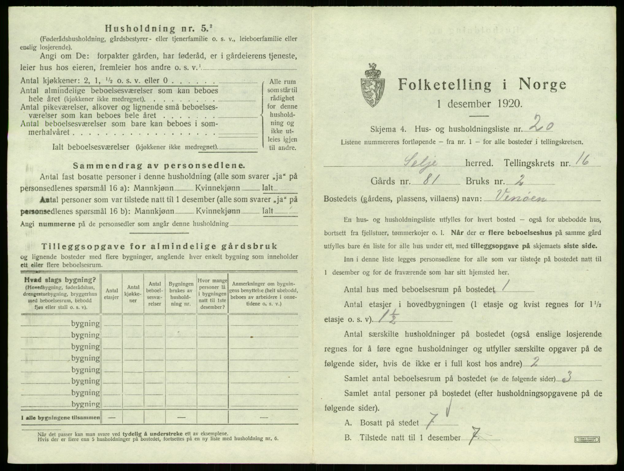 SAB, 1920 census for Selje, 1920, p. 1018