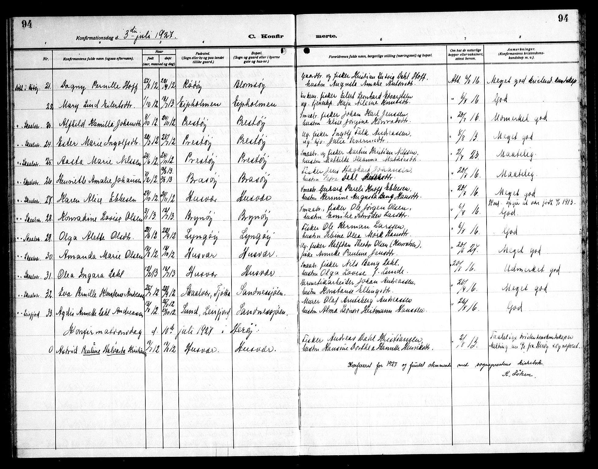 Ministerialprotokoller, klokkerbøker og fødselsregistre - Nordland, AV/SAT-A-1459/830/L0466: Parish register (copy) no. 830C08, 1920-1945, p. 94