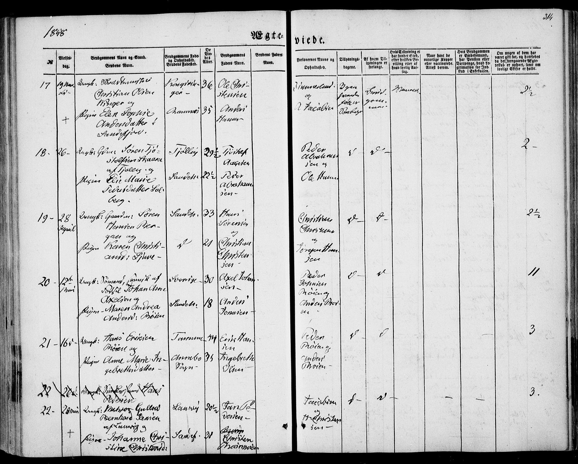 Sandar kirkebøker, SAKO/A-243/F/Fa/L0007: Parish register (official) no. 7, 1855-1861, p. 314