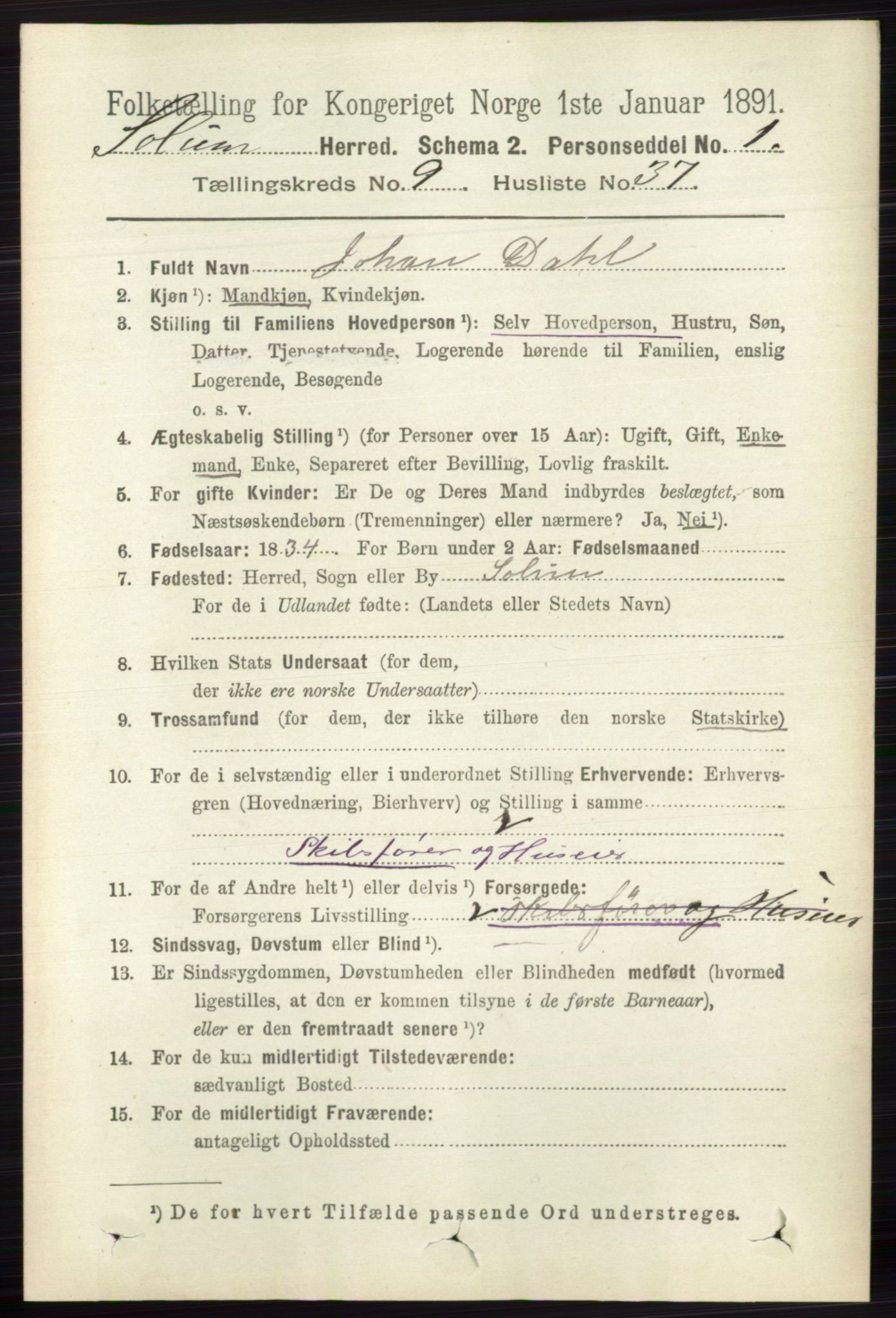 RA, 1891 census for 0818 Solum, 1891, p. 2163