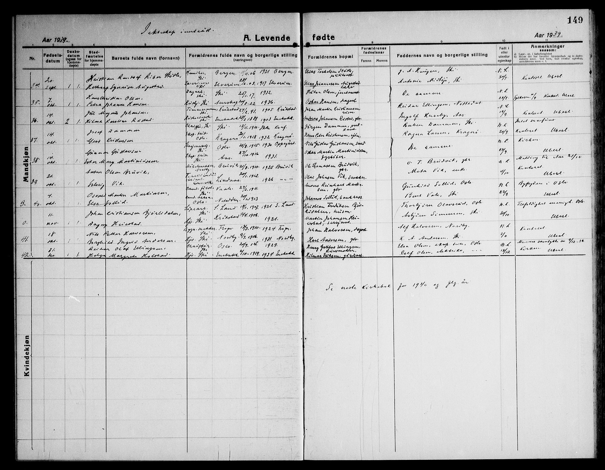 Kråkstad prestekontor Kirkebøker, SAO/A-10125a/G/Gb/L0002: Parish register (copy) no. II 2, 1921-1941, p. 149