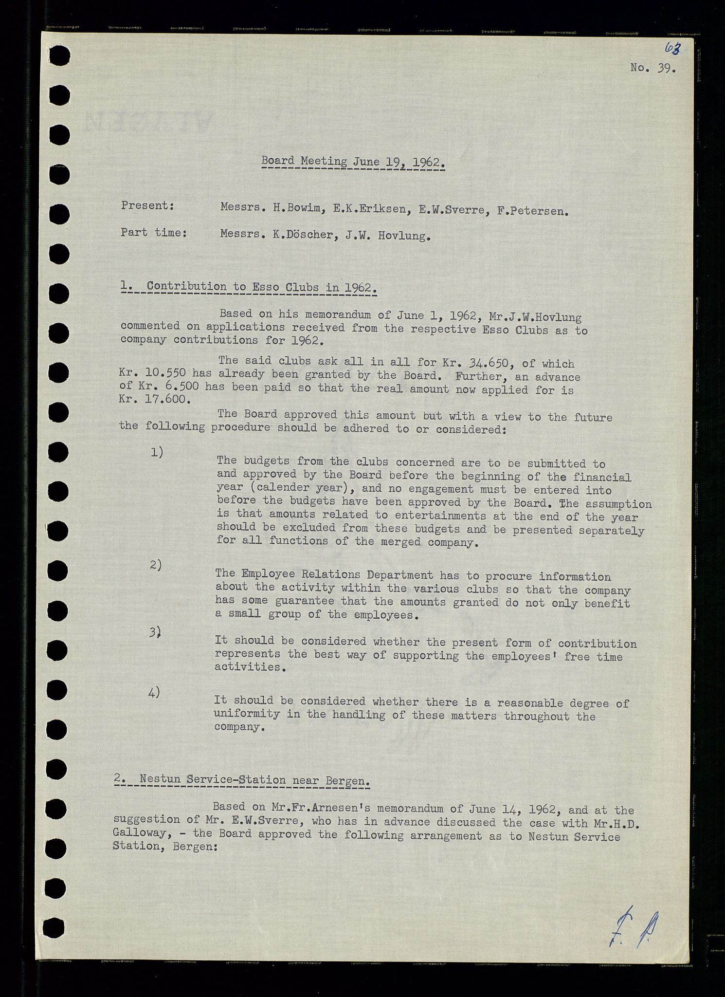 Pa 0982 - Esso Norge A/S, AV/SAST-A-100448/A/Aa/L0001/0003: Den administrerende direksjon Board minutes (styrereferater) / Den administrerende direksjon Board minutes (styrereferater), 1962, p. 63