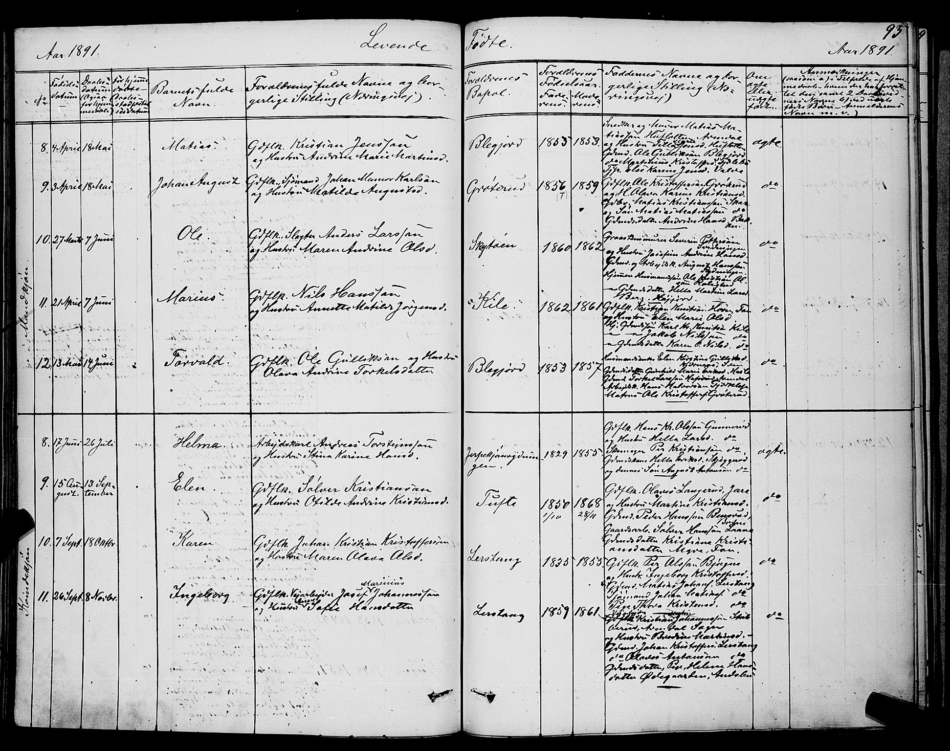 Ramnes kirkebøker, AV/SAKO-A-314/G/Ga/L0003: Parish register (copy) no. I 3, 1870-1896, p. 93