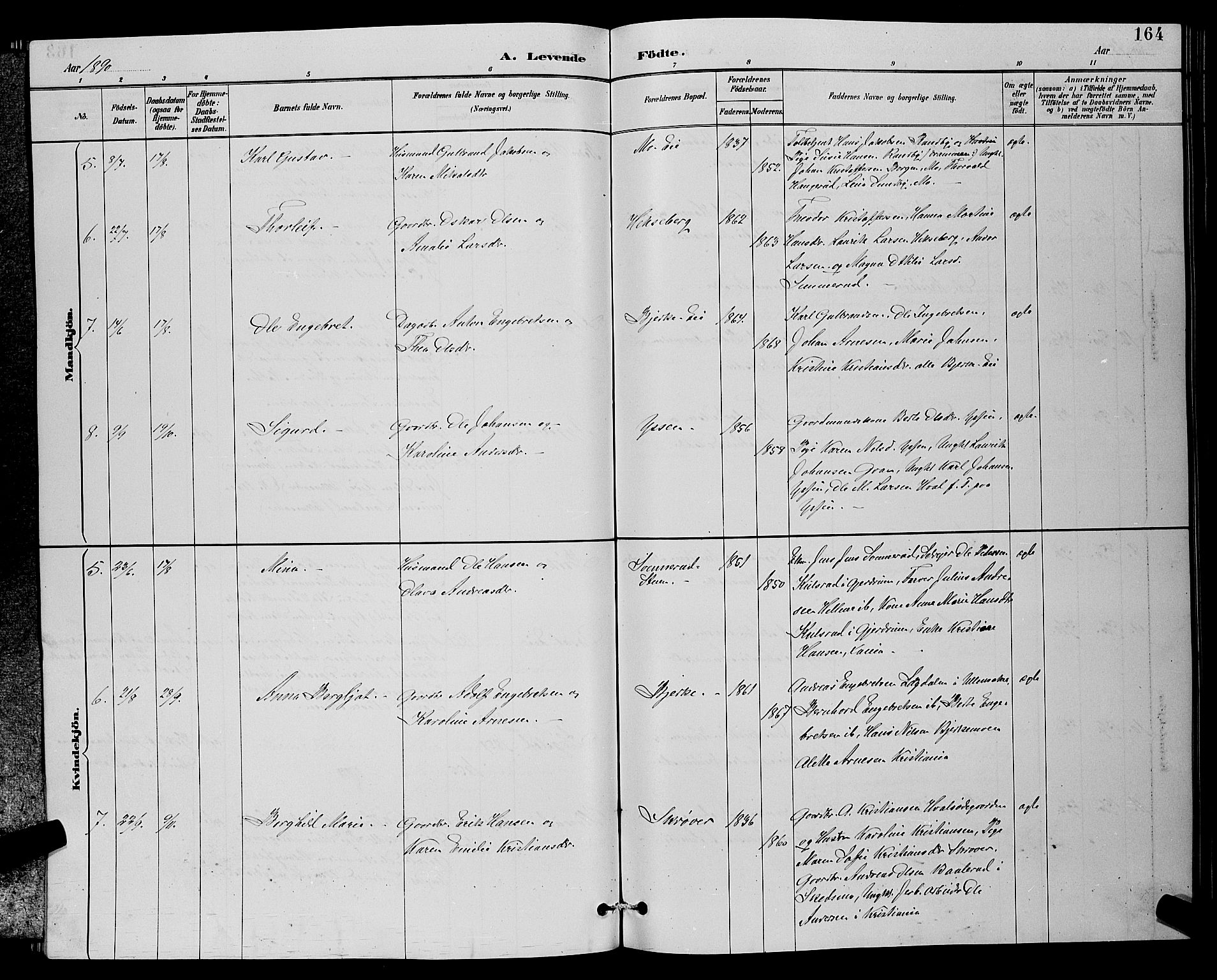 Sørum prestekontor Kirkebøker, AV/SAO-A-10303/G/Ga/L0005: Parish register (copy) no. I 5.2, 1886-1894, p. 164