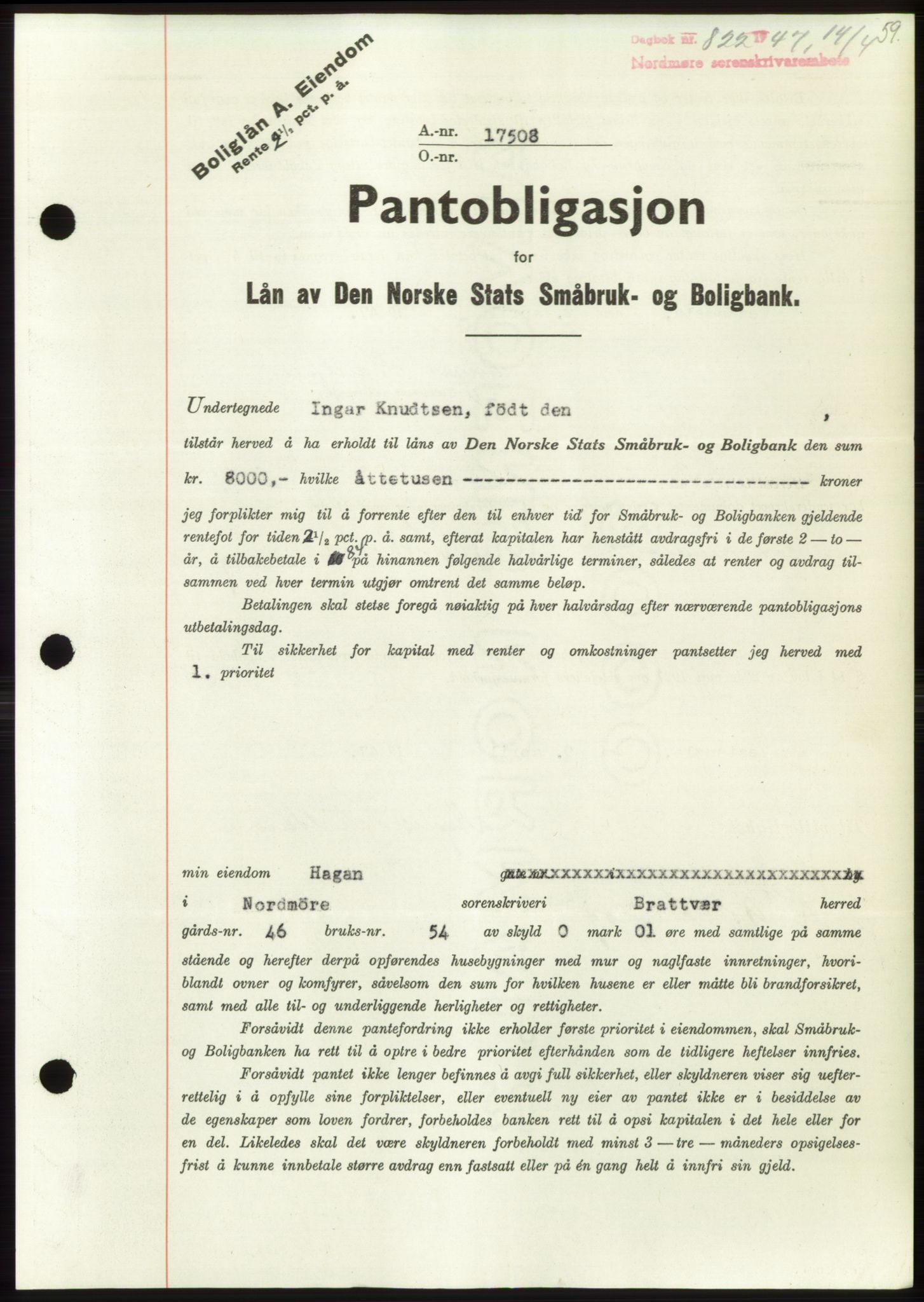 Nordmøre sorenskriveri, AV/SAT-A-4132/1/2/2Ca: Mortgage book no. B96, 1947-1947, Diary no: : 822/1947