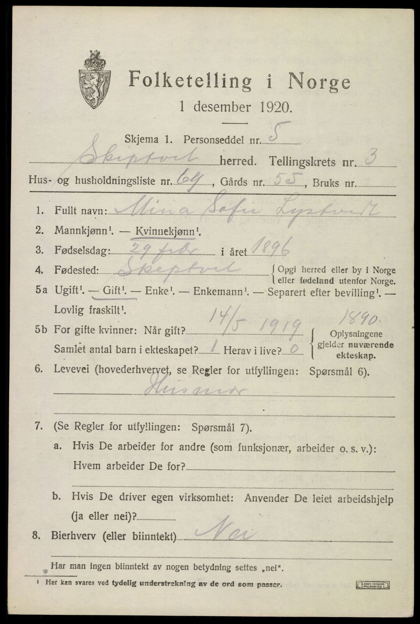 SAO, 1920 census for Skiptvet, 1920, p. 3707