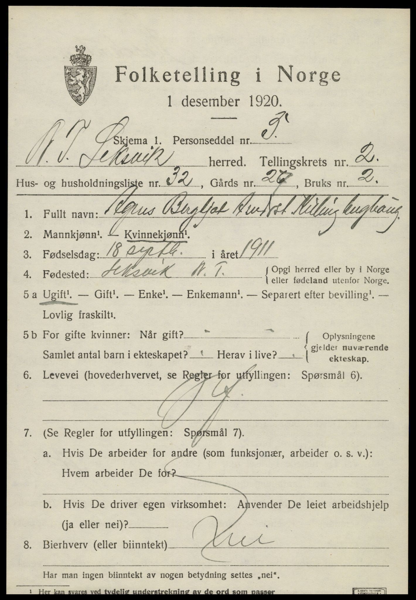 SAT, 1920 census for Leksvik, 1920, p. 2140