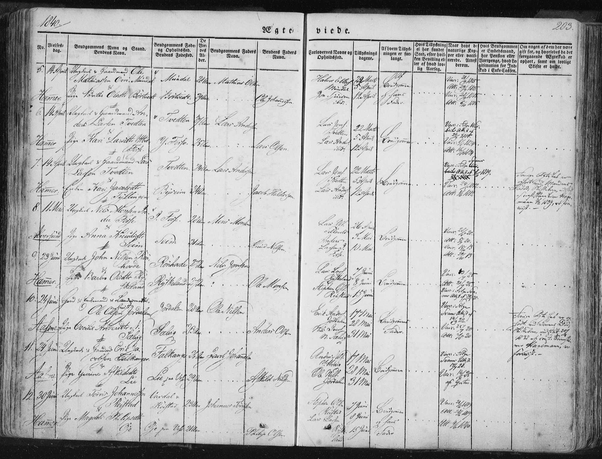 Hamre sokneprestembete, AV/SAB-A-75501/H/Ha/Haa/Haaa/L0012: Parish register (official) no. A 12, 1834-1845, p. 203