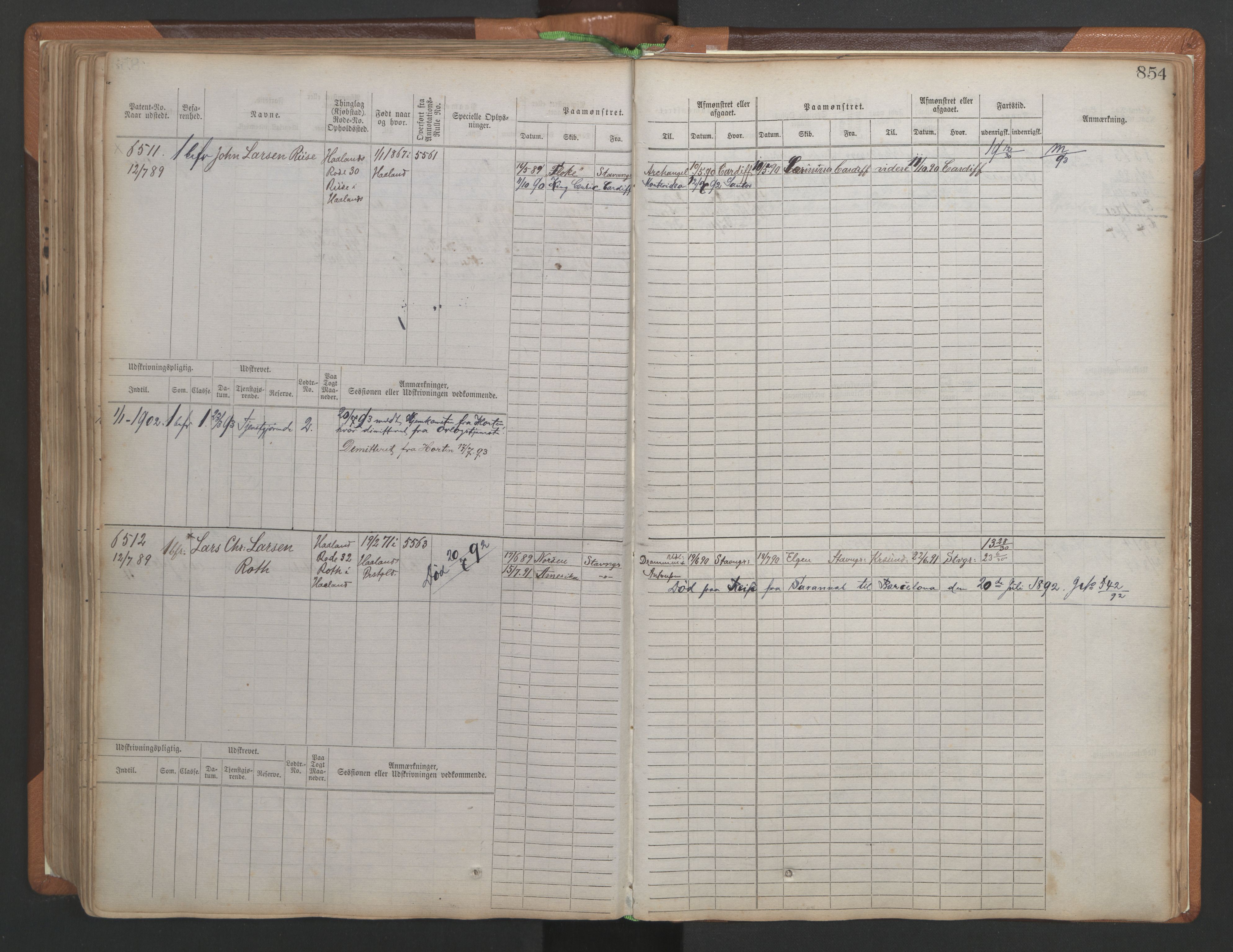 Stavanger sjømannskontor, AV/SAST-A-102006/F/Fb/Fbb/L0010: Sjøfartshovedrulle, patentnr. 6007-6606 (del 1), 1887-1896, p. 258