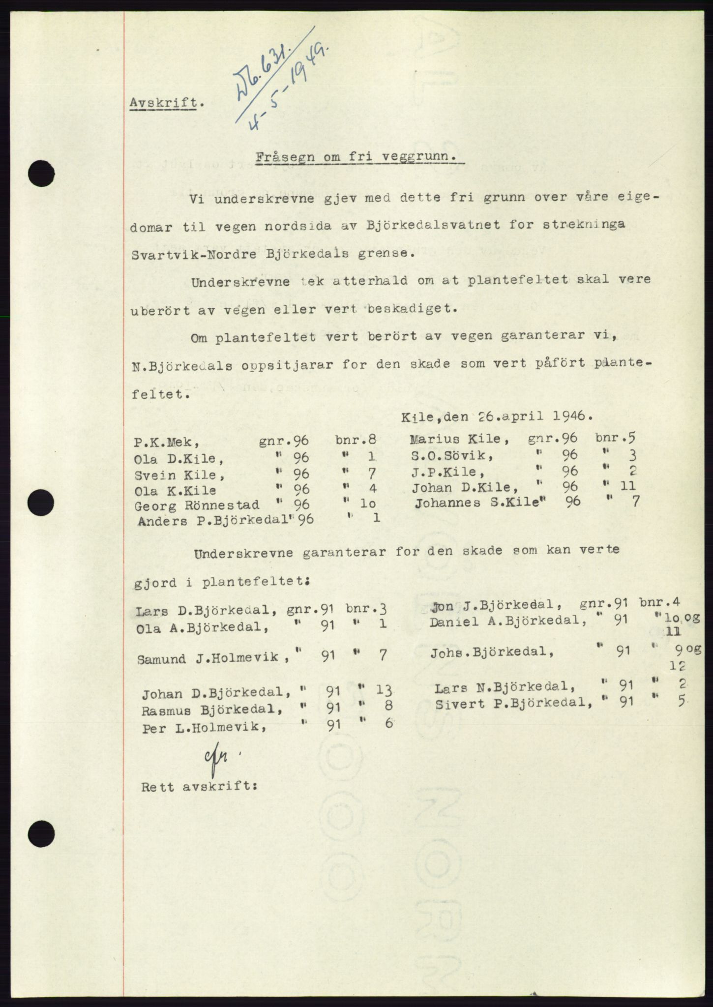 Søre Sunnmøre sorenskriveri, AV/SAT-A-4122/1/2/2C/L0084: Mortgage book no. 10A, 1949-1949, Diary no: : 631/1949