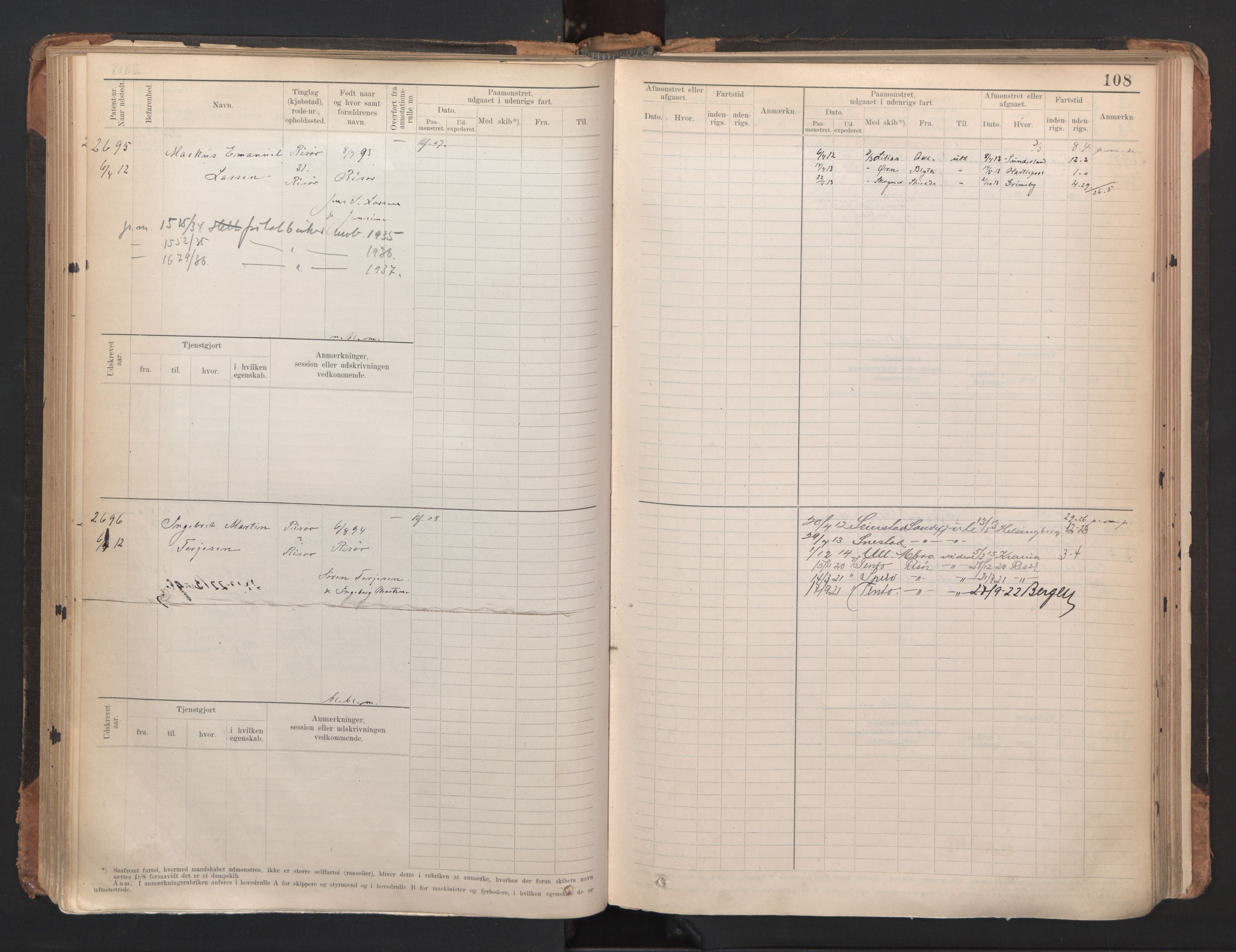 Risør mønstringskrets, AV/SAK-2031-0010/F/Fb/L0005: Hovedrulle A nr 2485-3065, Q-5, 1904-1948, p. 112