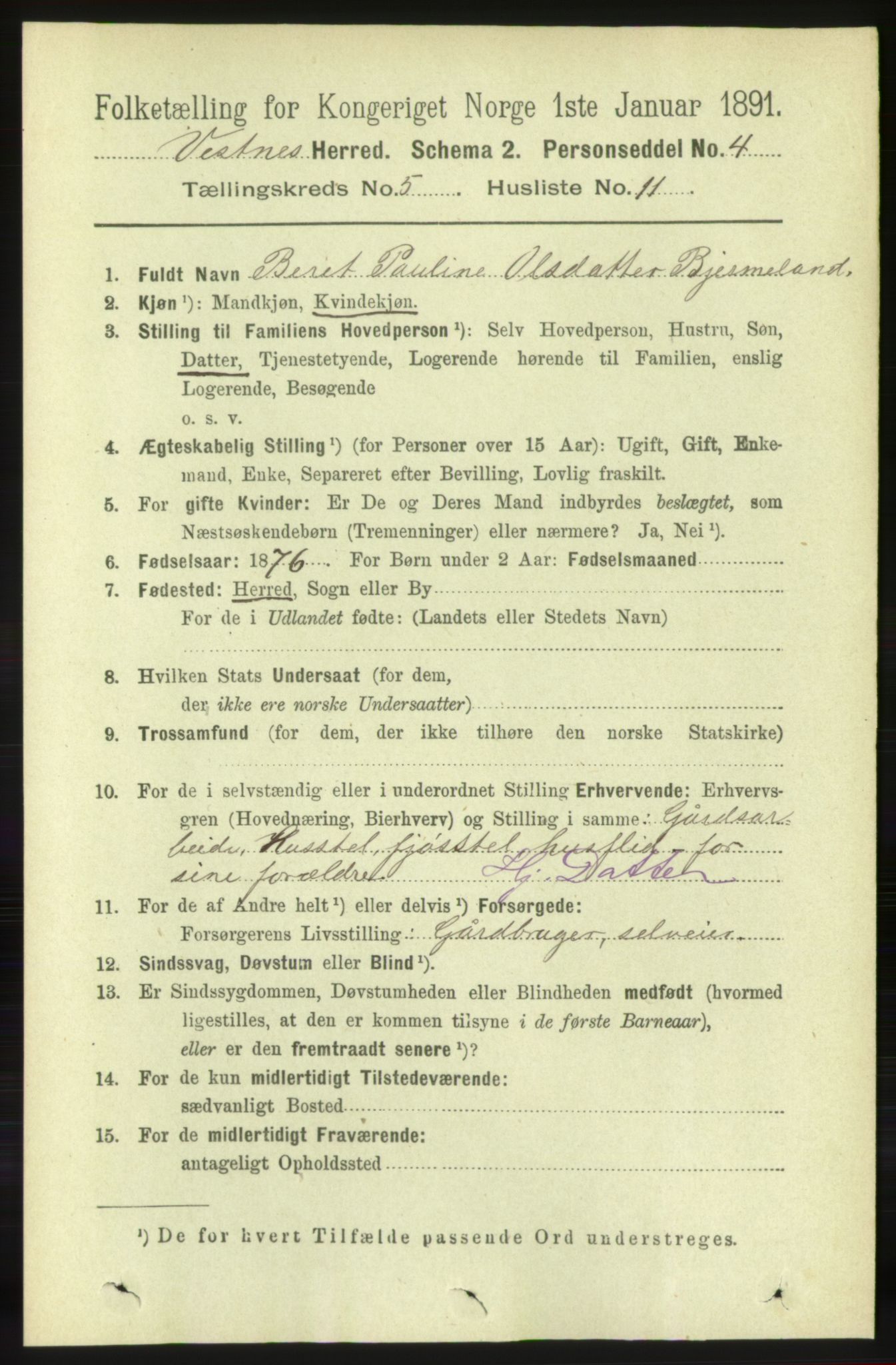 RA, 1891 census for 1535 Vestnes, 1891, p. 1878