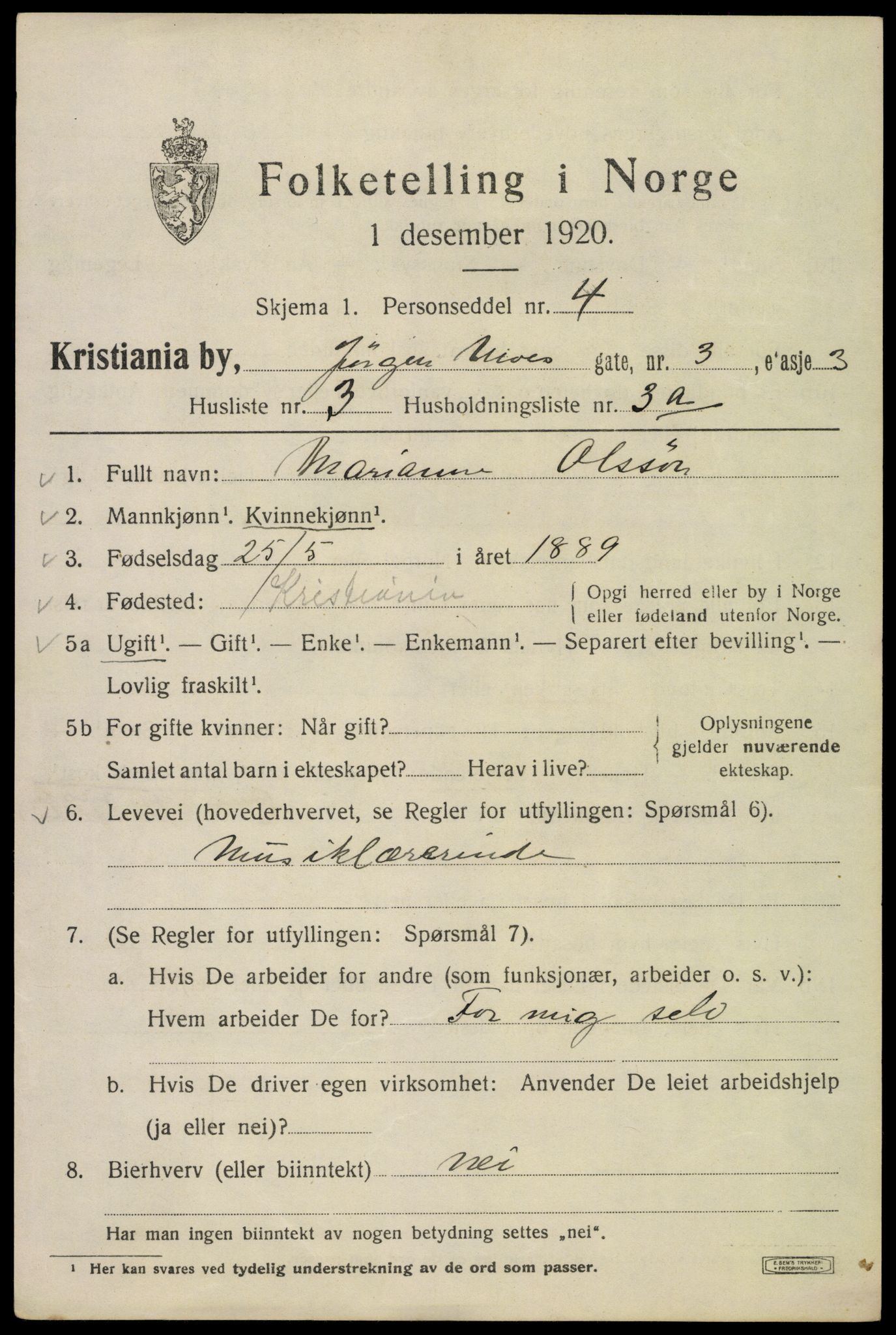 SAO, 1920 census for Kristiania, 1920, p. 325799